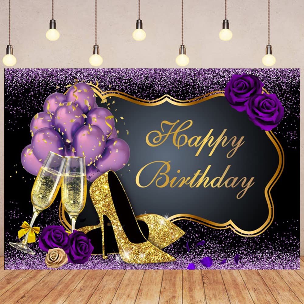 Leyiyi 7x5ft Happy Birthday Photo Backdrop - Purple & Black Balloon Champagne Rose Gold Heels Glitter Photography Background for Women, Girls, Mother's Day Decor - Perfect for Birthday Parties, Baby Showers & Photo Shoots