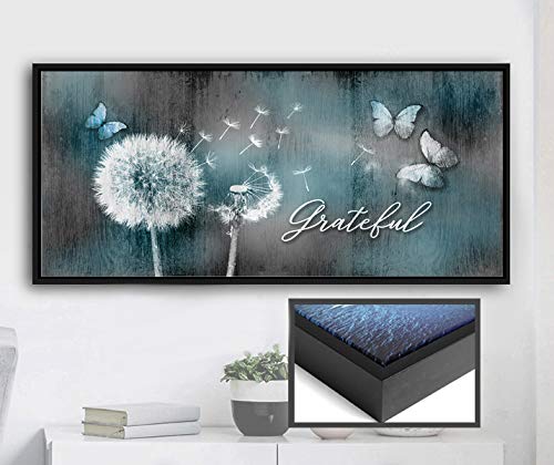 Grateful Dandelions Wall Art with Butterfly Decor - Rustic Bedroom Pictures for Wall in Teal & Black Floating Frame (42x19) - Perfect for Farmhouse, Boho & Cottage Style Home Decor