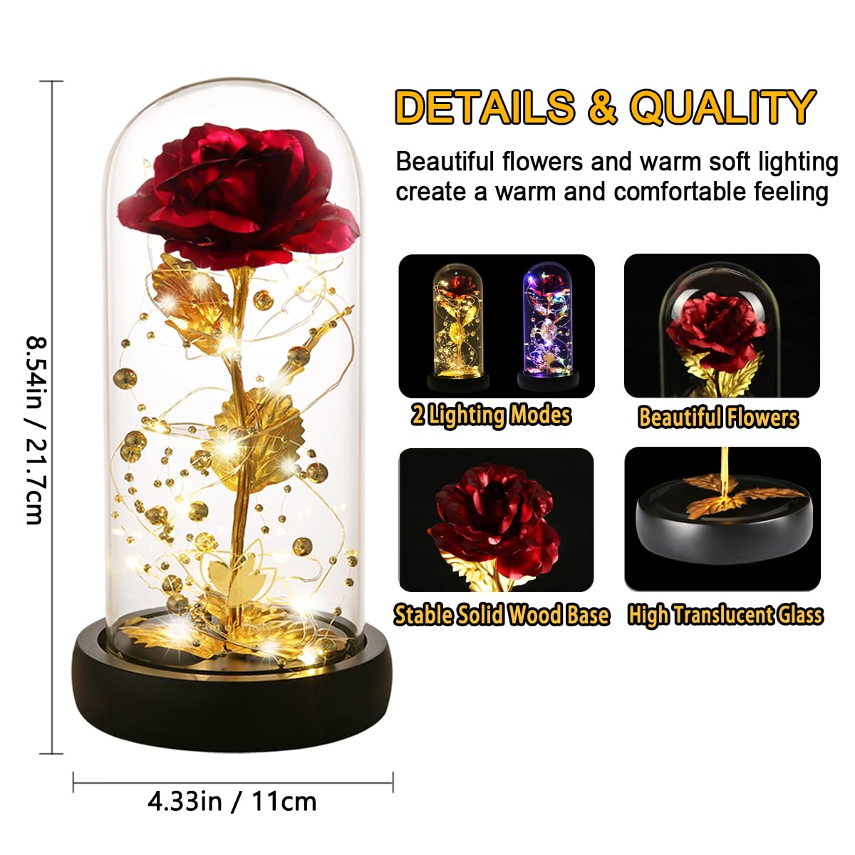 Valentine's Rose Gift for Her - Artificial Flower in Glass Dome with 2 Light Modes, Colorful Gold Foil Rose - Perfect for Weddings, Birthdays & Romantic Occasions