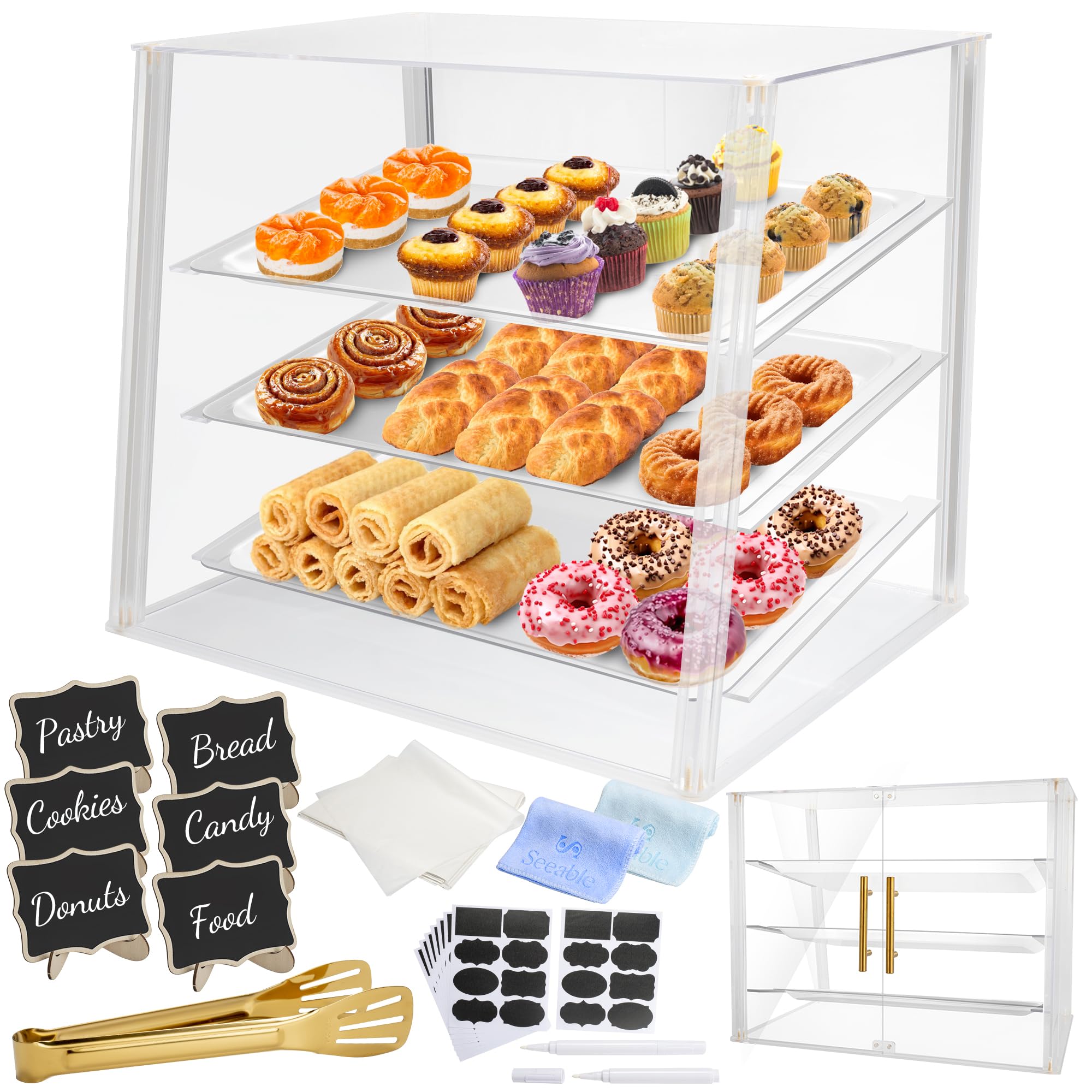 3-Tier Acrylic Bakery Display Case with Magnetic Doors, Removable Trays & Gold Trim - Countertop Pastry Showcase for Desserts, Cookies, Bread & Baked Goods (21