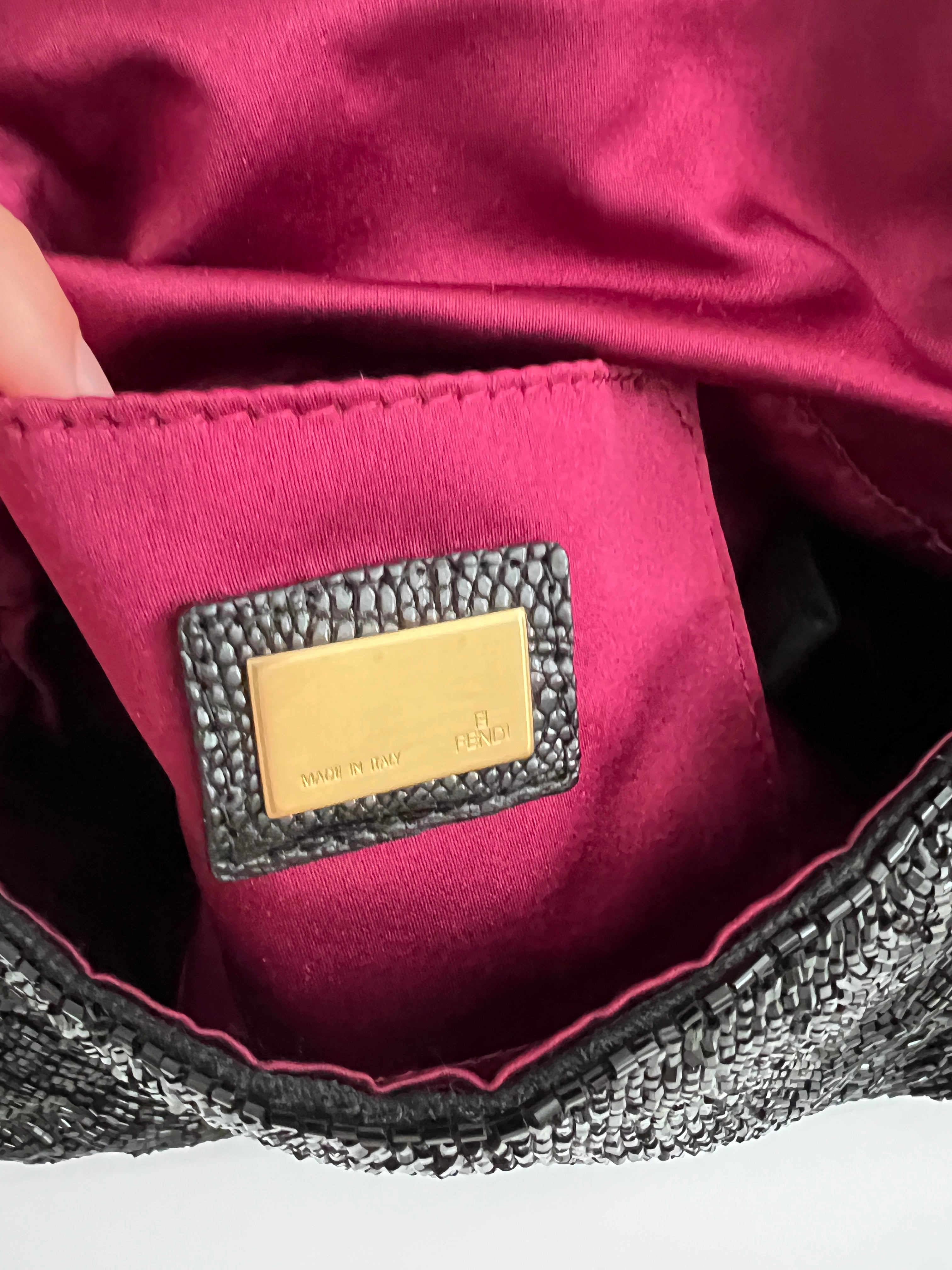 Fendi Black Beaded Mini Mamma Baguette Handbag - Genuine Lizard Skin Trim Luxury Crossbody Purse for Women | Perfect for Evening Parties, Date Nights & Special Occasions
