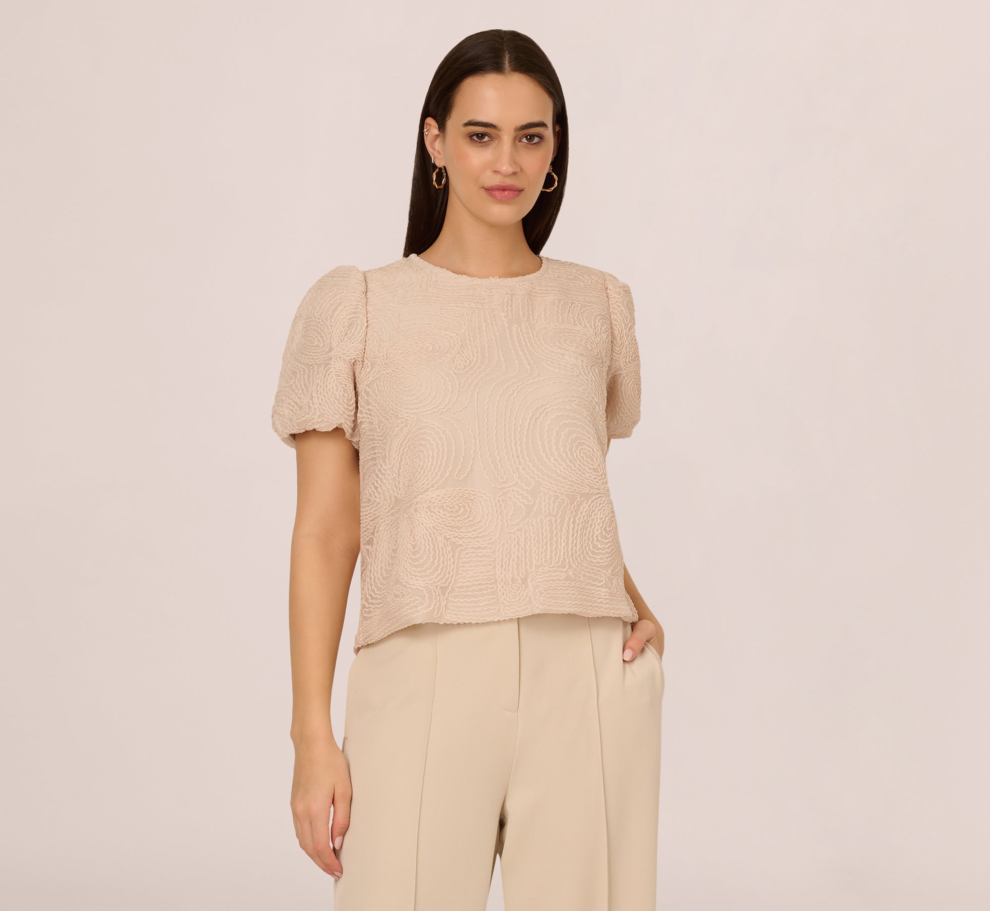 Light Apricot Embroidered Short Sleeve Bubble Top Women's Fashion Blouse - Perfect for Casual Outings, Summer Parties & Office Wear
