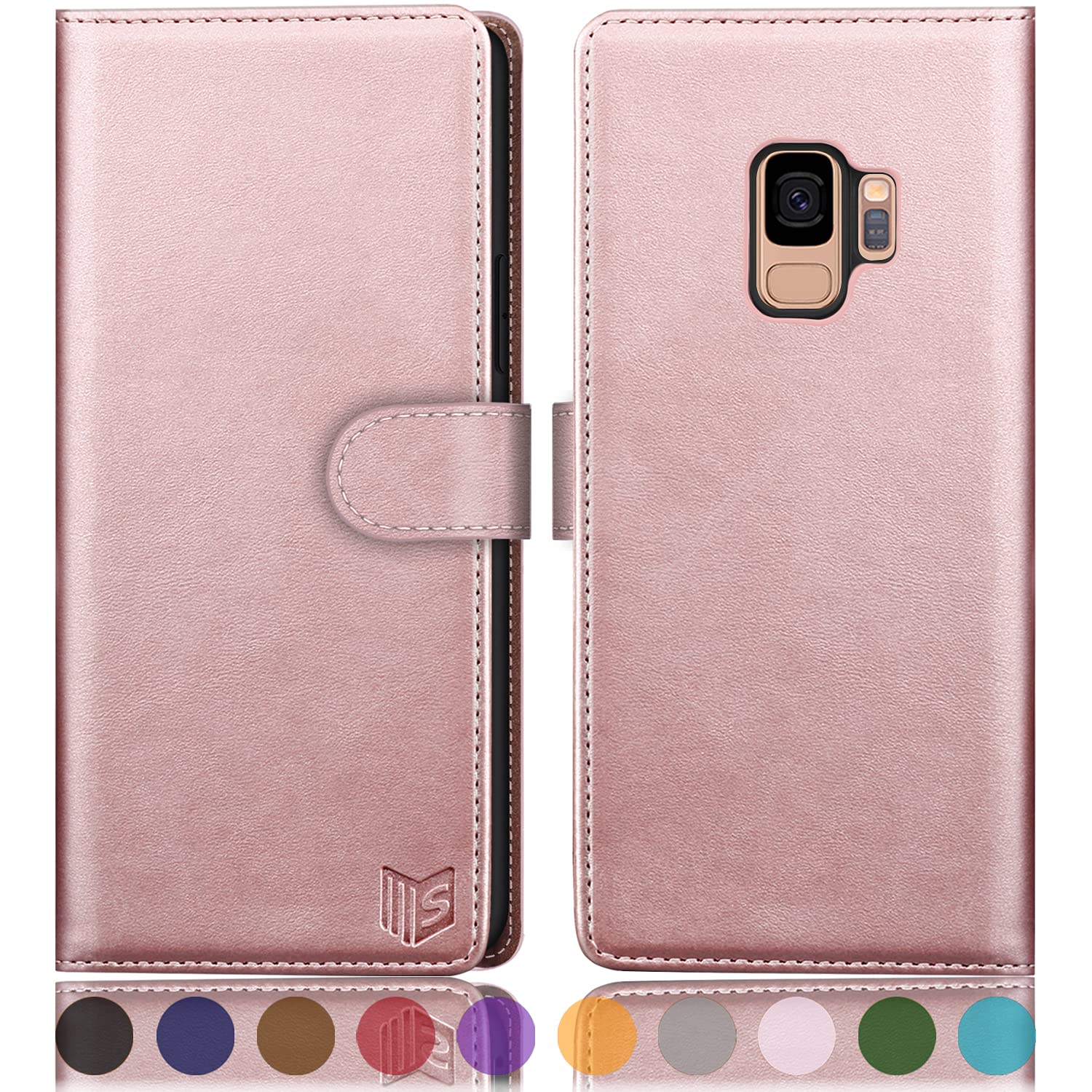 RFID Blocking Leather Wallet Case for Samsung Galaxy S9 - Rose Gold | Slim Folio Cover with Card Holder for Daily Use