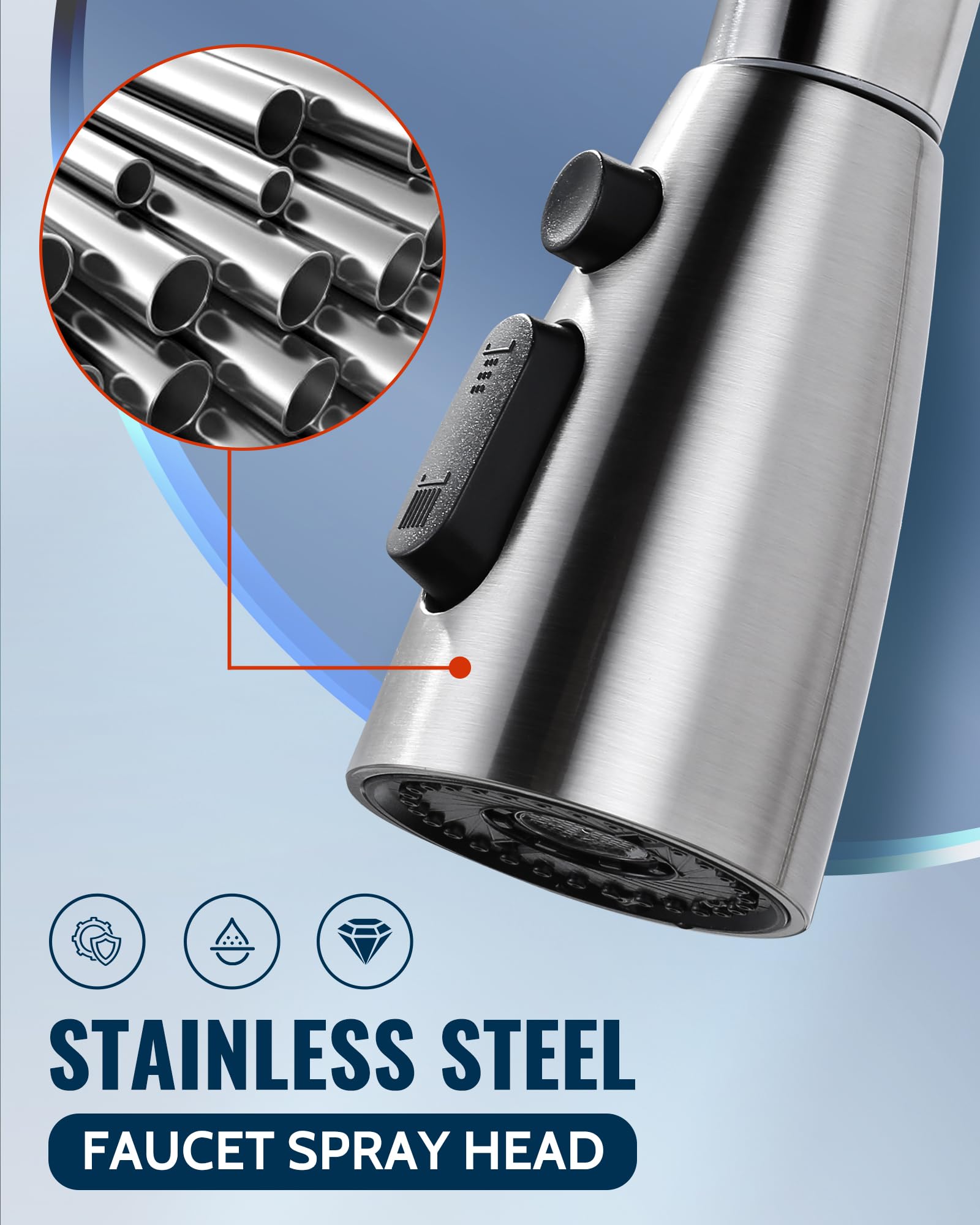 Stainless Steel Kitchen Faucet Head Replacement - 3 Mode Pull Out Spray Nozzle with 9 Adapters, Compatible with Moen Kohler Delta G1/2 Faucets (Brushed Nickel) - Perfect for Kitchen Sink Upgrades & Dishwashing
