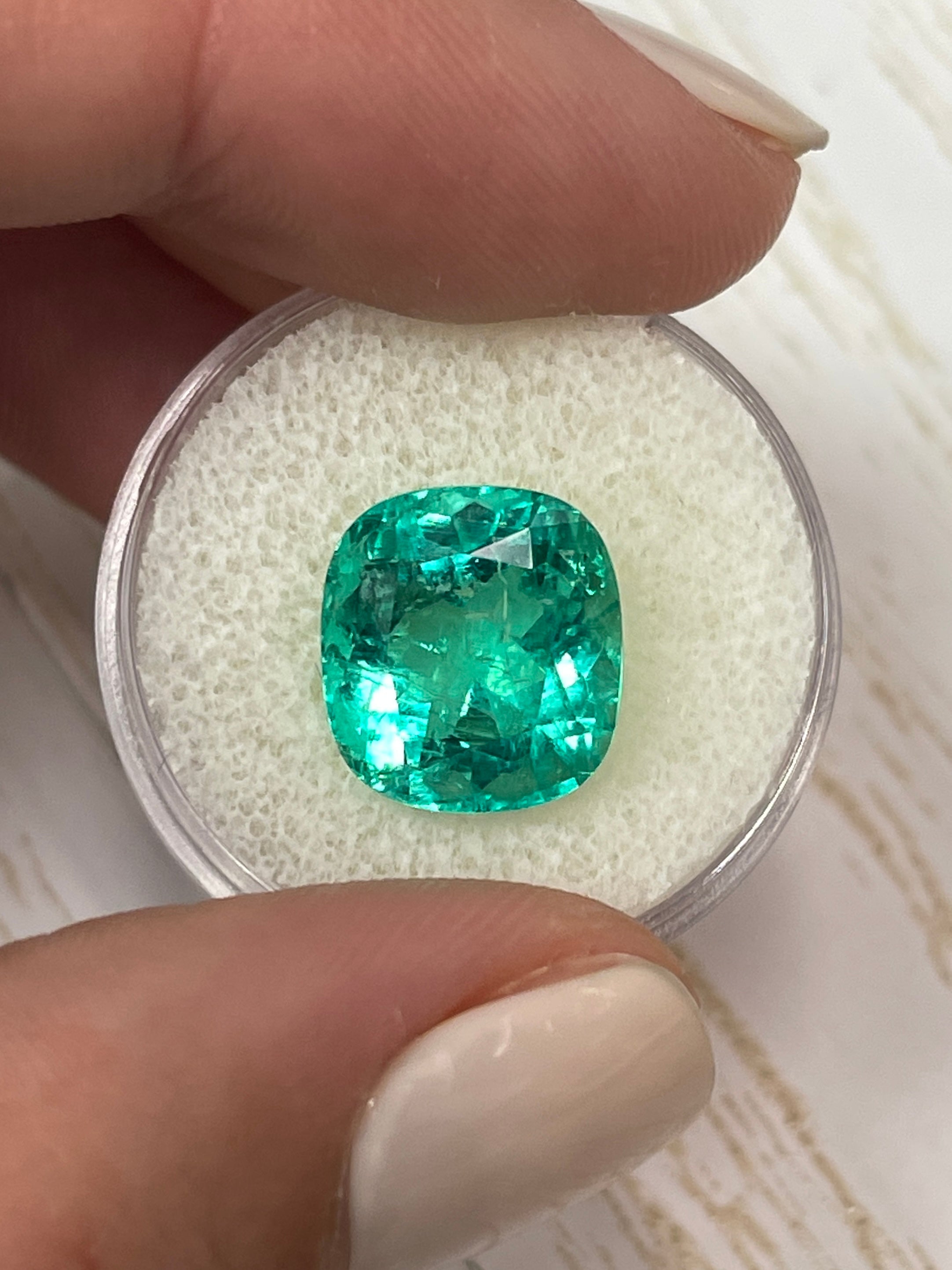 8.46 Carat GIA Certified 13x12mm Bluish Green Natural Loose Cushion Cut Colombian Emerald Gemstone for Jewelry Making, Engagement Rings & Luxury Gifts