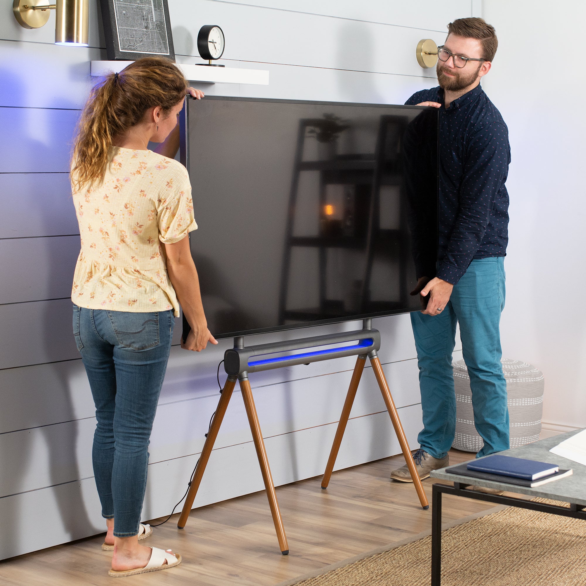 Modern Easel Studio TV Stand with RGB LED Lights - Fits 49 to 70 Inch Flat Screen TVs - Perfect for Living Room, Bedroom & Gaming Setup