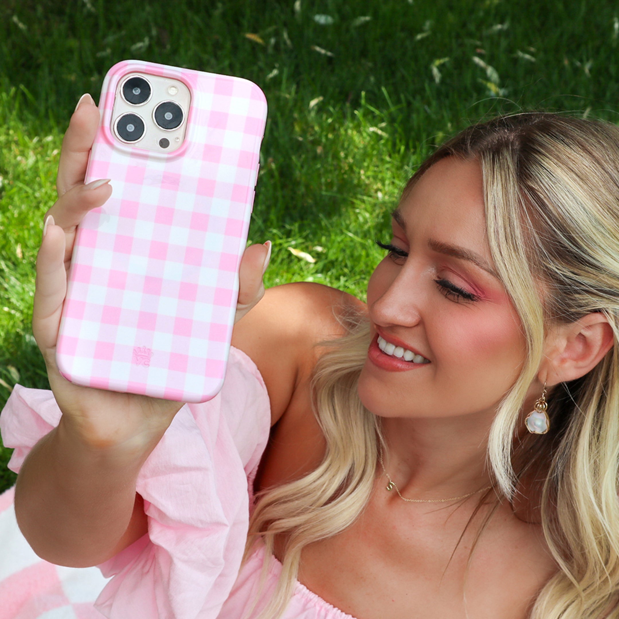 Cute Baby Pink Gingham Pattern iPhone Case - Trendy Protective Cover for iPhone 13/14/15 Pro Max - Perfect for Everyday Use, School & Travel
