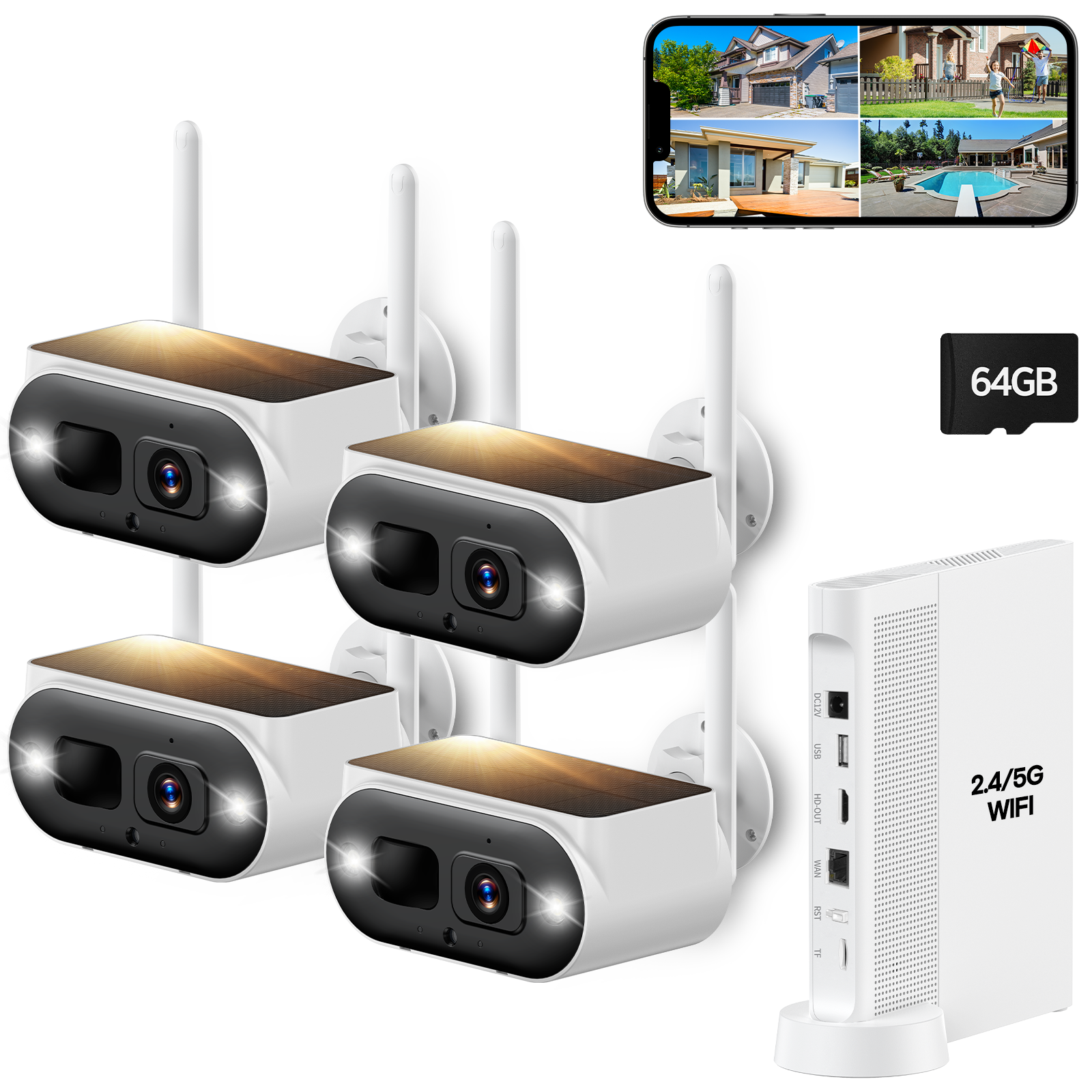 Campark SC51 Solar Security Camera System - 4 Camera Kit with 64GB Local Storage, Wireless Outdoor Surveillance for Home & Business Security (Ideal for Backyard, Garage, and Property Monitoring)