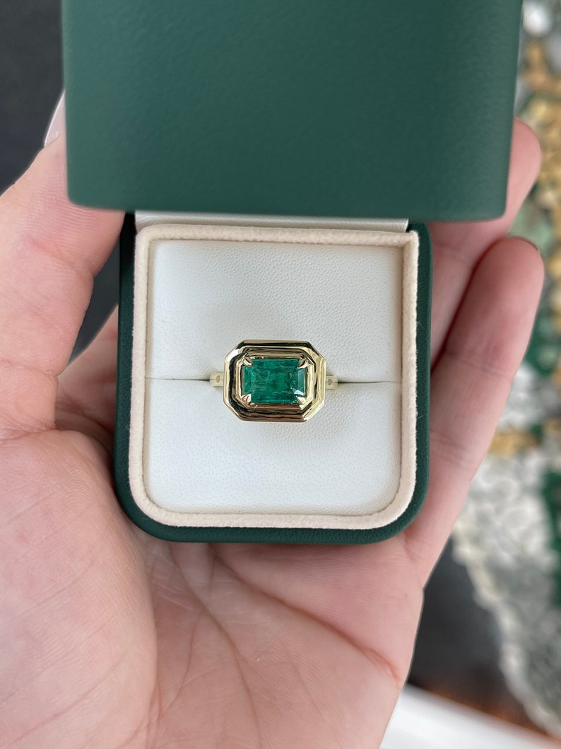 2.30ct 14K Natural East-West Dark Forest Green Emerald Cut Solitaire Yellow Gold Ring for Women - Elegant Engagement, Wedding, Anniversary Gift Idea