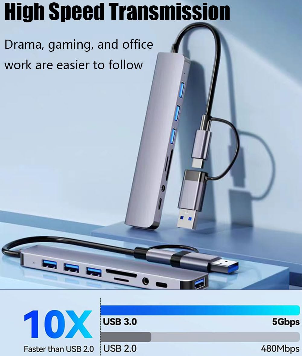 MVBOONE 8-Port USB 3.0 Hub with USB-C | Aluminum Multi-Port Adapter | SD/TF Card Reader | 3.5mm Audio Jack | for MacBook Pro/Air, iPad Pro, iPhone 15, Laptop, PS4, Gaming Mouse | Perfect for Home Office, Gaming Setup & Digital Workspaces