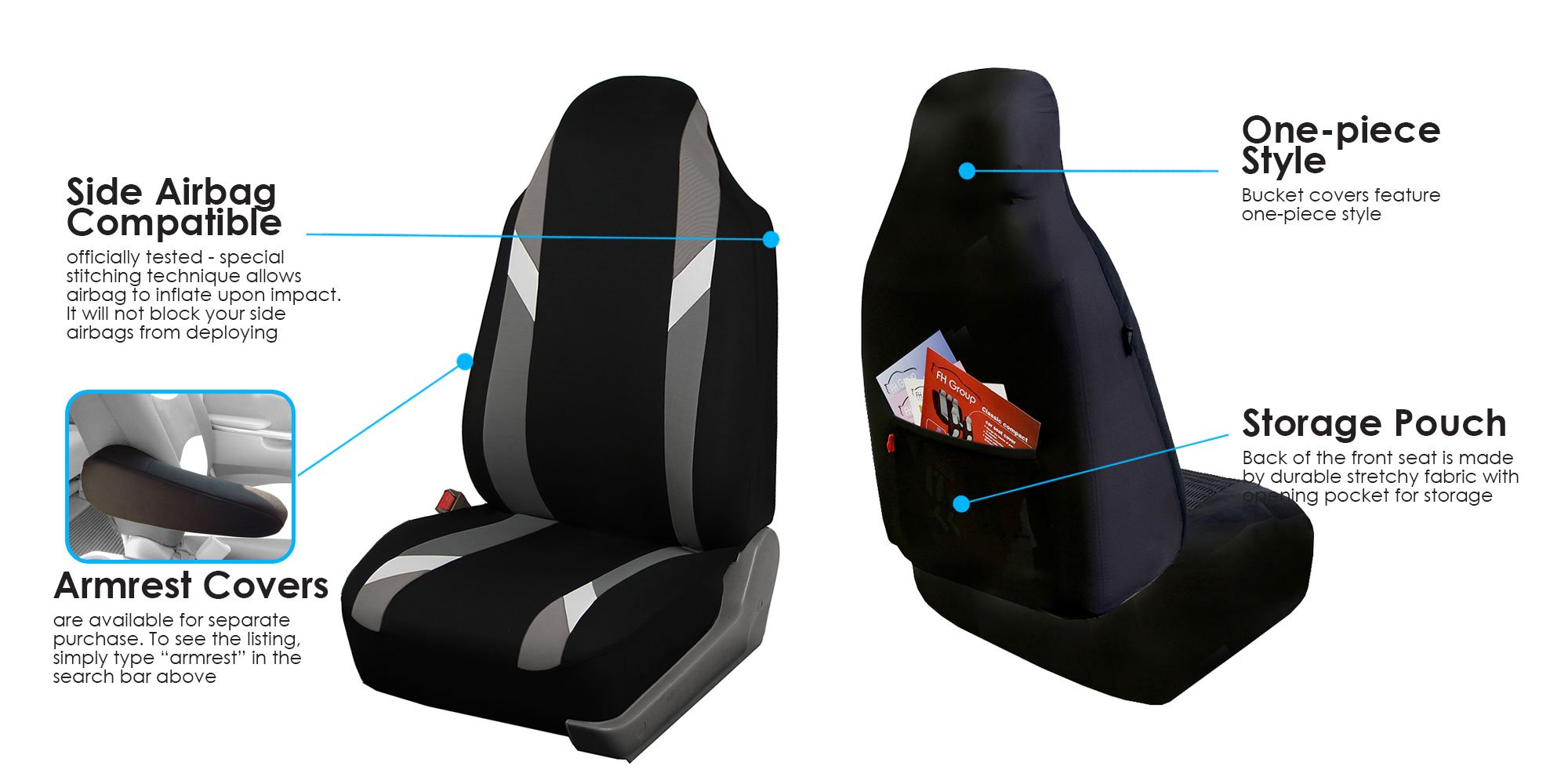 FH Group Universal Fit Automotive Seat Covers - Supreme Modern Gray Set (1-Piece Front + Split Bench Rear) | Airbag Compatible for SUV & Sedan | Durable Protection for Daily Commute & Road Trips