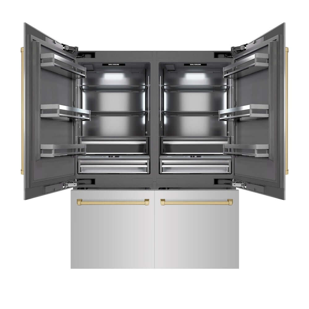 ZLINE Autograph Edition 60-Inch 32.2 cu. ft. French Door Built-In Bottom Freezer Refrigerator with Water Dispenser & Ice Maker - Stainless Steel with Graphite Gray Interior & Champagne Bronze Accents (GRBIVZ 304 60CB) - Perfect for Modern Kitchens & Luxury Homes