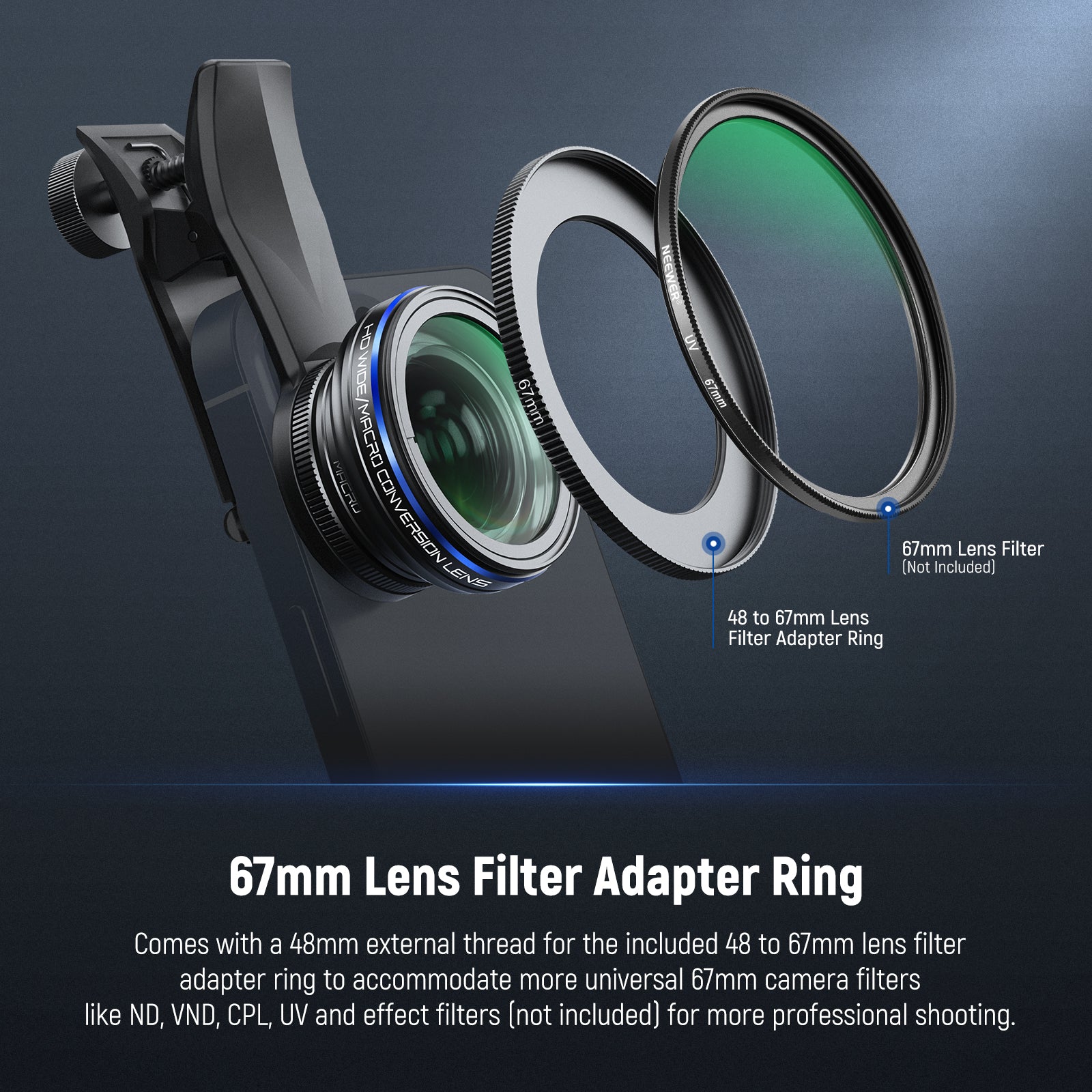 NEEWER LS 60 2-in-1 Wide Angle & Macro Phone Lens Kit - 0.45x Wide Angle & 2x Macro Lens for iPhone, Samsung, Android - Perfect for Travel, Food Photography, and Close-Up Shots