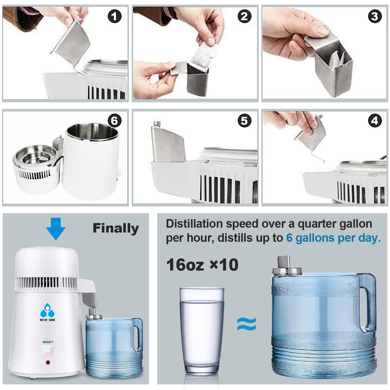 DC HOUSE 1 Gallon Water Distiller Machine - 750W 4L Countertop Pure Water Maker for Home & Kitchen | Perfect for Drinking, CPAP Humidifiers, Baby Formula & Coffee | BPA-Free Plastic Container