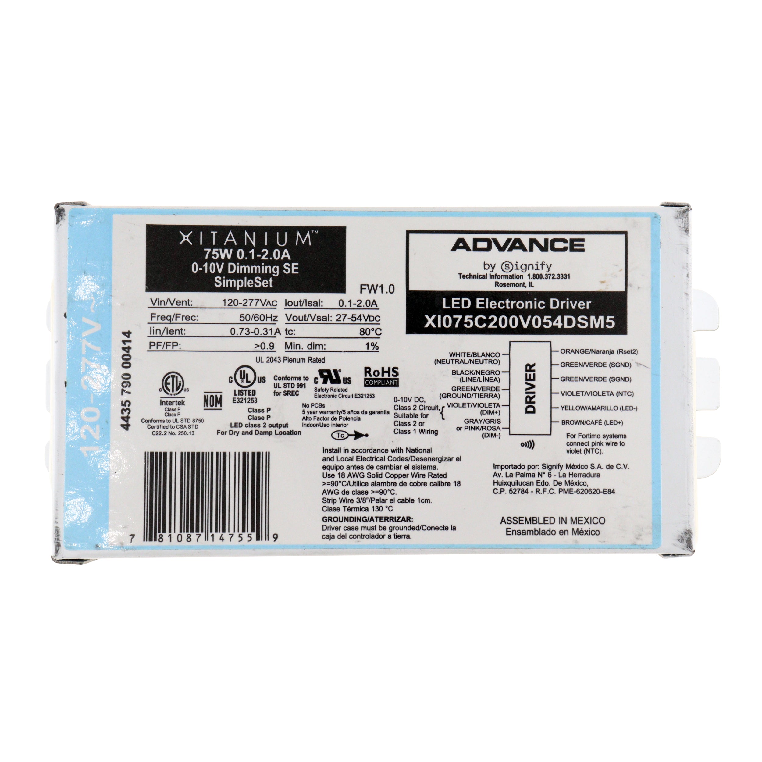 Advance XI075C200V054DSM5 Dimmable LED Driver - 27-54V, 100-2000mA, 75W, 120-277V Input - Perfect for Recessed Lighting, Track Lights & LED Panel Installations
