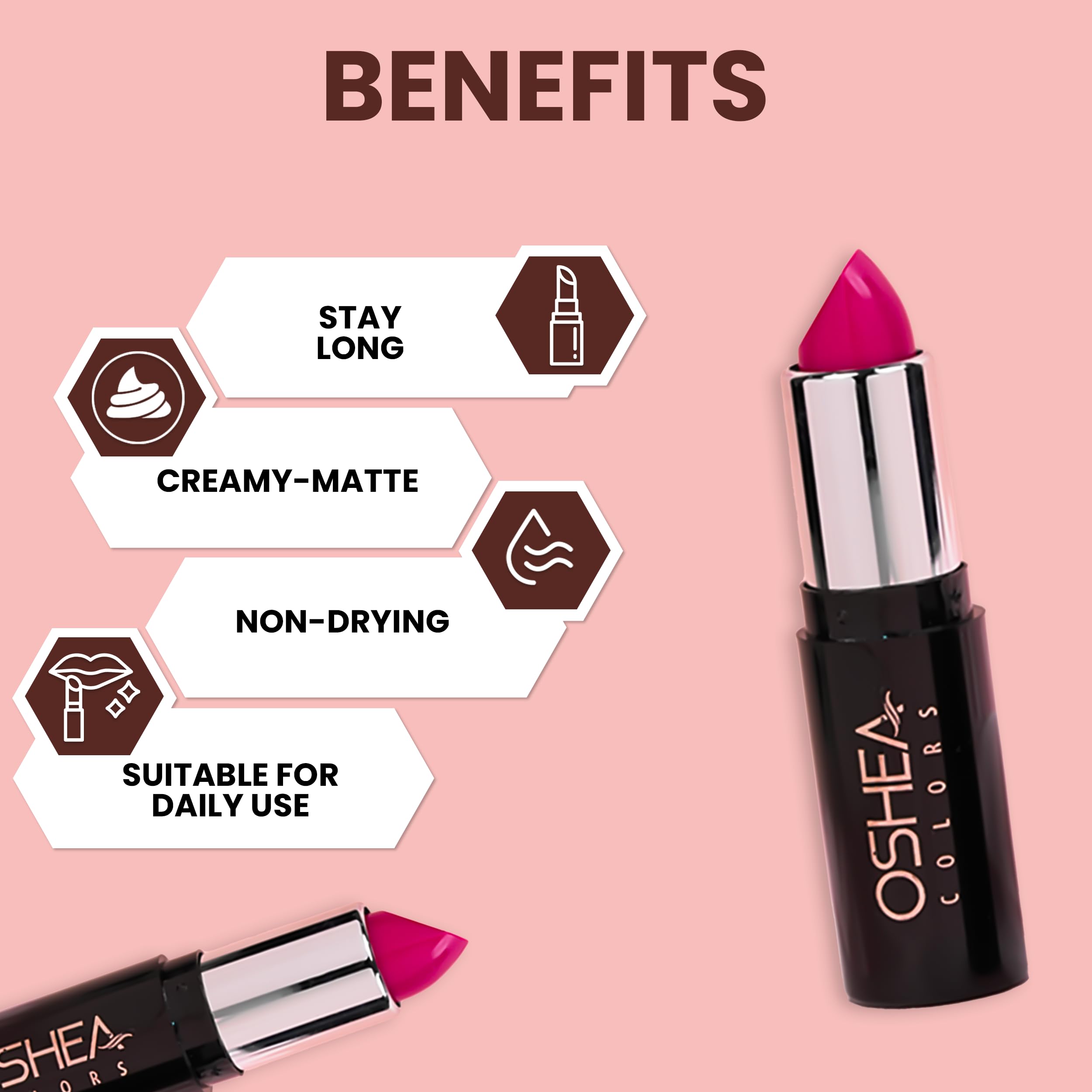 Oshea Colors Creamy Matte Lipstick - Long Lasting, Non-Drying Formula with Castor Oil & Shea Butter | Vegan, Paraben Free | Barbie Pink 07 (4.2g) | Perfect for Everyday Wear, Parties & Special Occasions