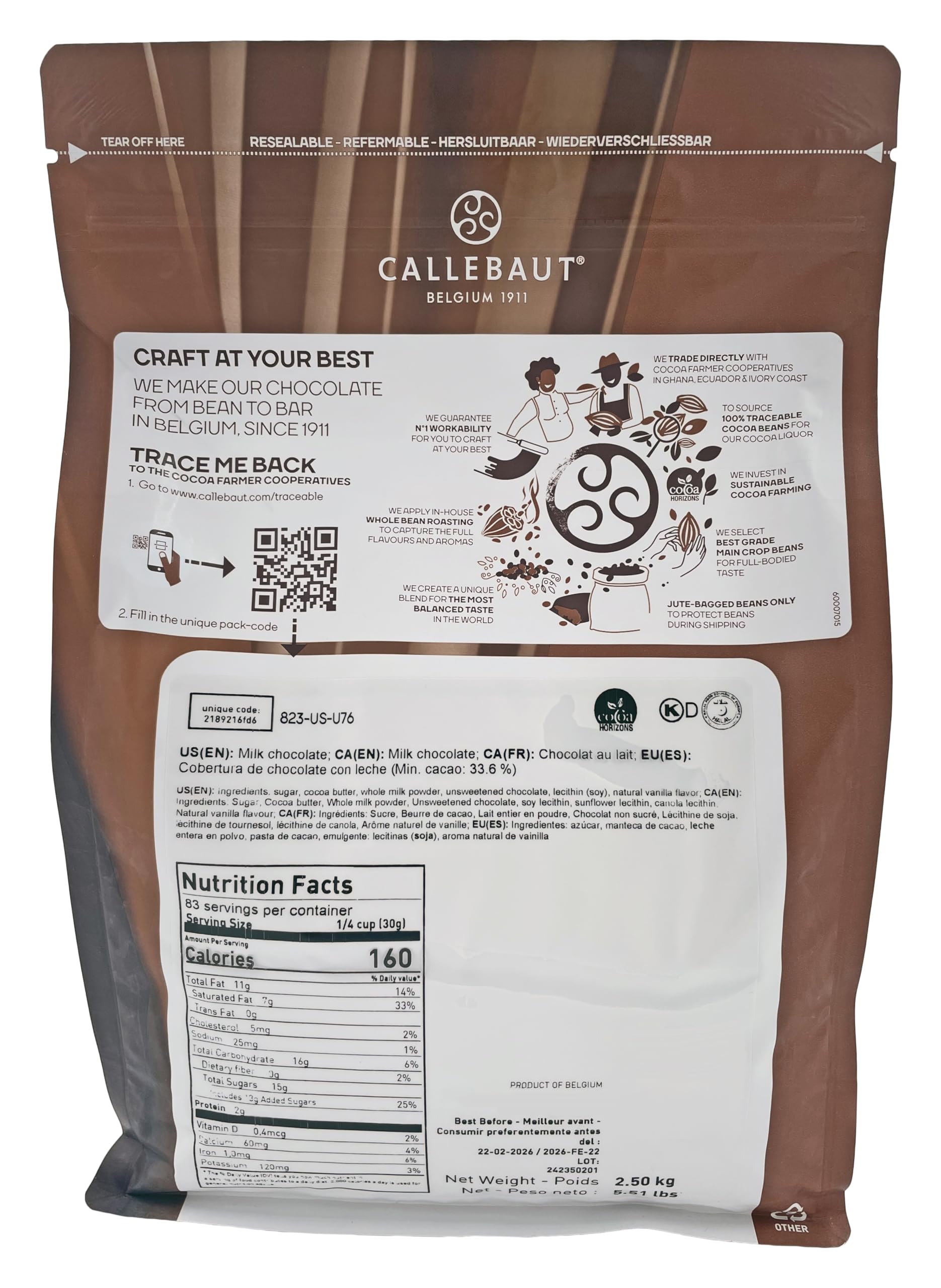 Premium Callebaut Belgian Chocolate Callets - 2 Pack of 5.51 lb Bags (2.5KG) Milk & White Chocolate for Baking, Desserts & Gourmet Recipes