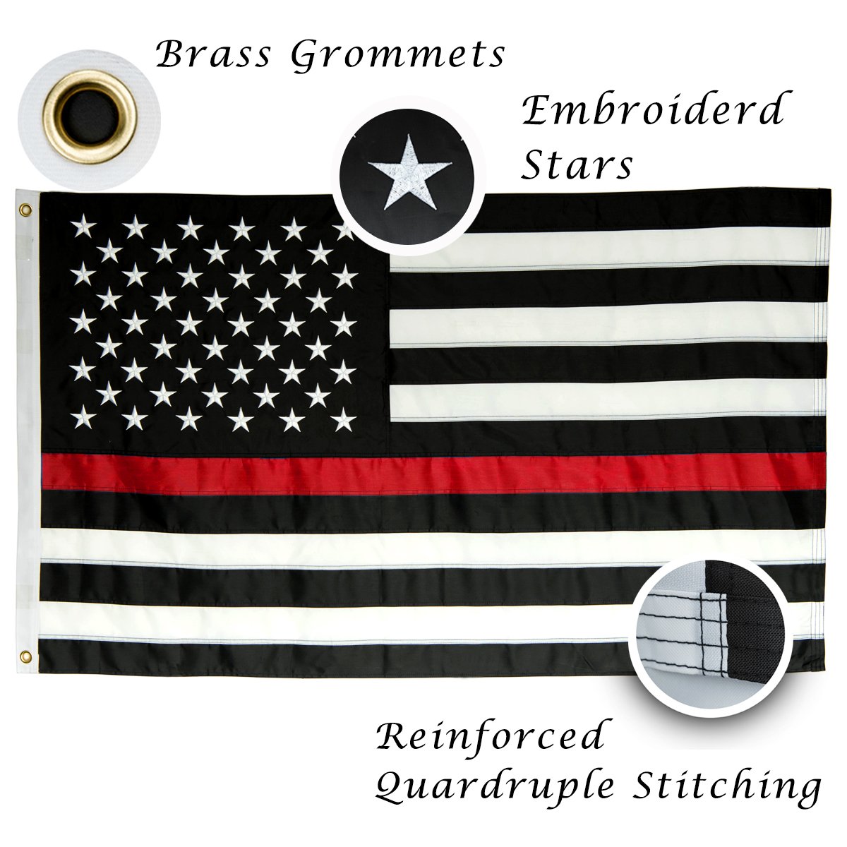 3x5 ft Thin Red Line American Flag - Embroidered Stars & Sewn Stripes Firefighter Flag - UV Resistant Outdoor US Flag for Fire Station, Backyard, Truck Decoration - Black Red White Fireman Support Banner