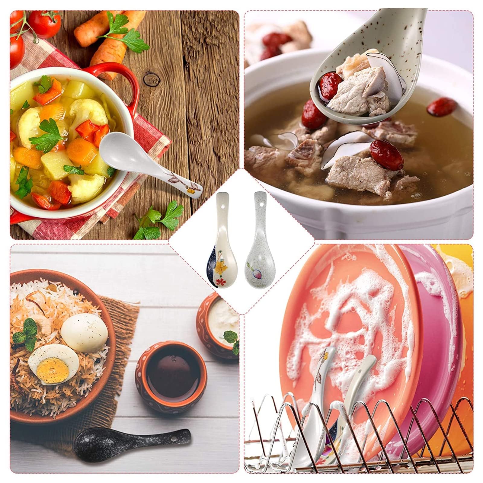 6 Pcs Asian Retro Ceramic Soup Spoons - Japanese Style for Ramen, Salad, Wonton