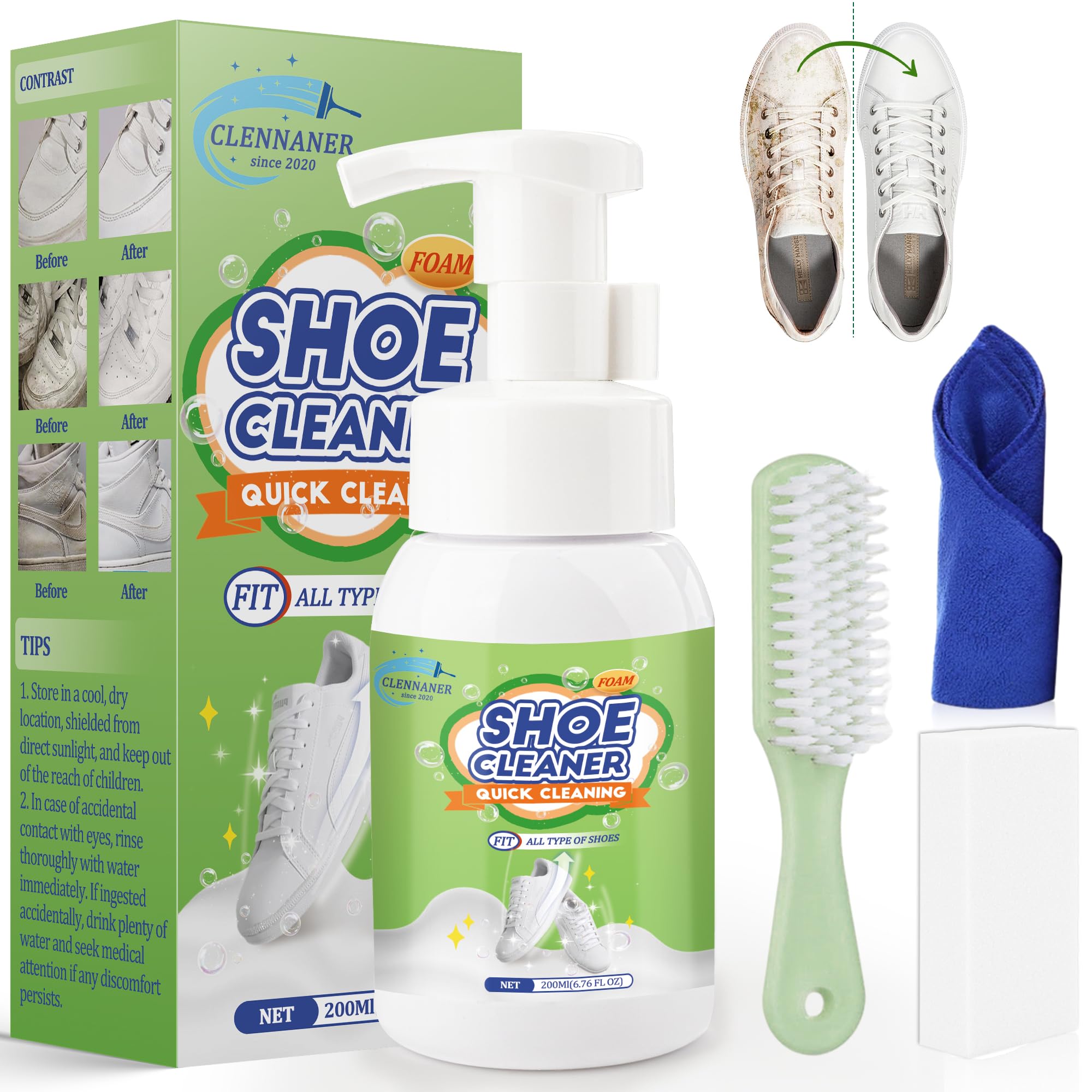 Premium Shoe Cleaner Kit - 6.76 Oz Sneaker & Shoe Cleaner for Leather, Knit, Canvas, PU - Effectively Removes Dirt & Stains - Perfect for Sneakers, Athletic Shoes, Boots & Casual Footwear Care
