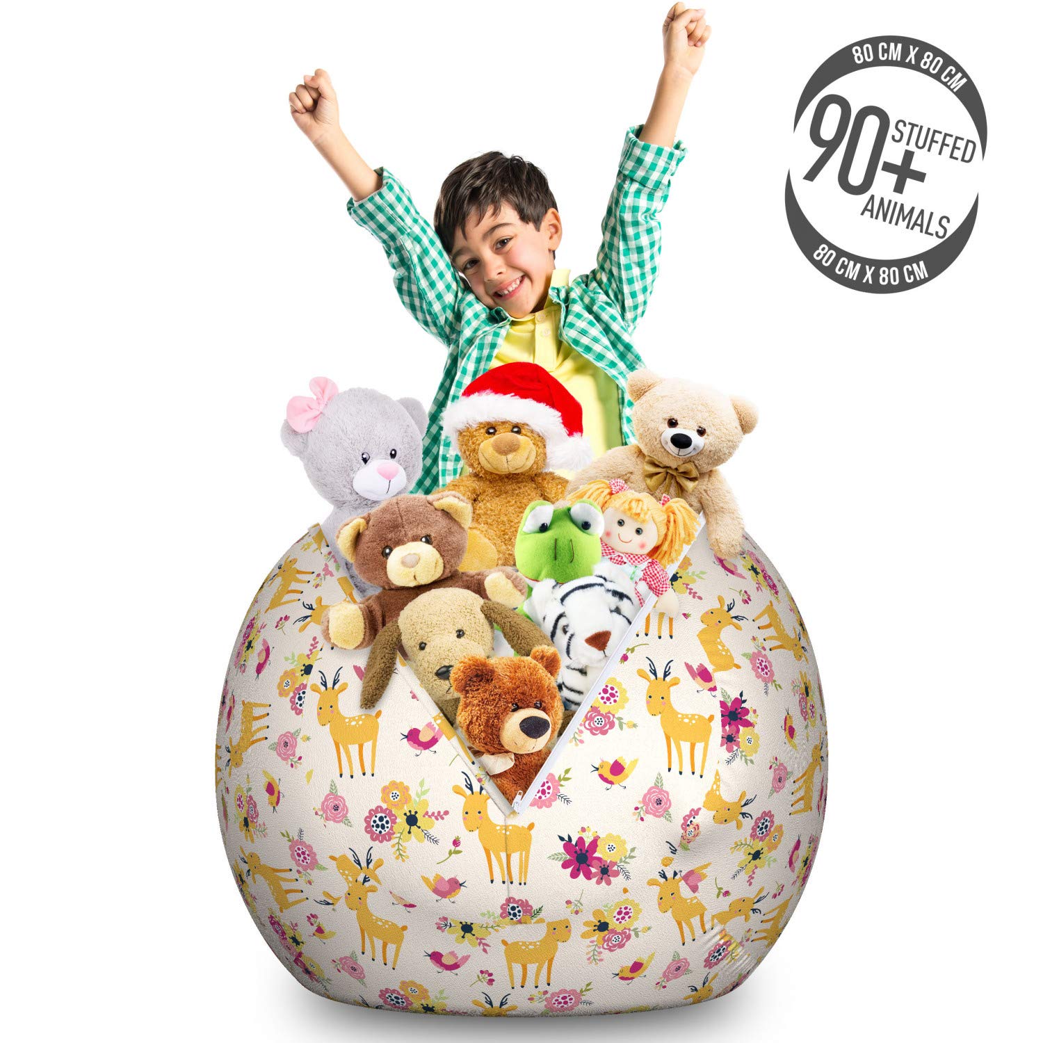 Ambesonne Floral Storage Toy Bag Chair - Large Washable Stuffed Animal Organizer with Deer & Blossom Print in Champagne & Multicolor - Perfect for Kids' Room, Nursery, Playroom & Home Organization