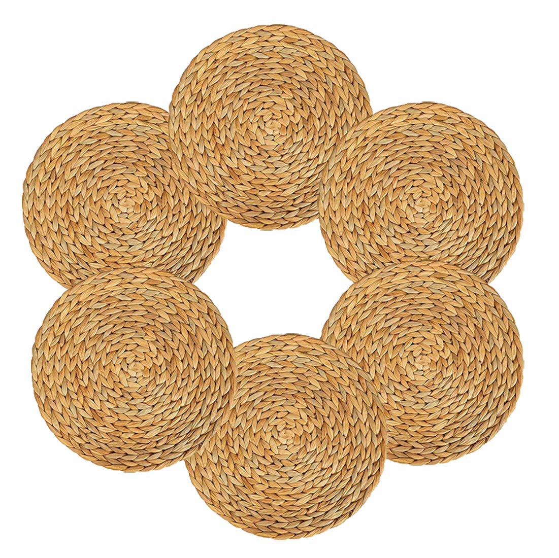 6 Pack Natural Wicker Braided Placemats - 11.8 Inch Round Rattan Table Mats, Water Hyacinth Straw Weave Chargers for Dining Table Decor, Rustic Farmhouse & Boho Style Home Kitchen Accessories - Perfect for Dinner Parties, Holiday Gatherings & Everyday Use