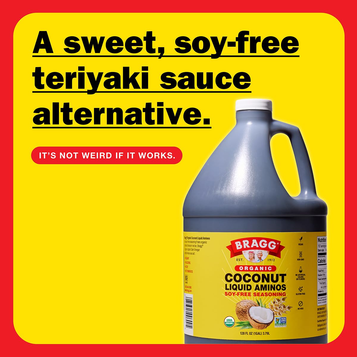 Bragg Organic Coconut Aminos - Soy-Free, Vegan, Gluten-Free, Non-GMO, Kosher Certified Seasoning Sauce (128 oz) - Perfect for Stir-Fry, Salad Dressing & Marinades