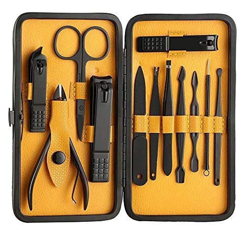 Premium Heria Manicure Set - Stainless Steel Nail Clippers & Scissors Grooming Kit with Acne Needle & Blackhead Tool | Travel Leather Case (Yellow) | Perfect for Home, Travel & Professional Salon Use
