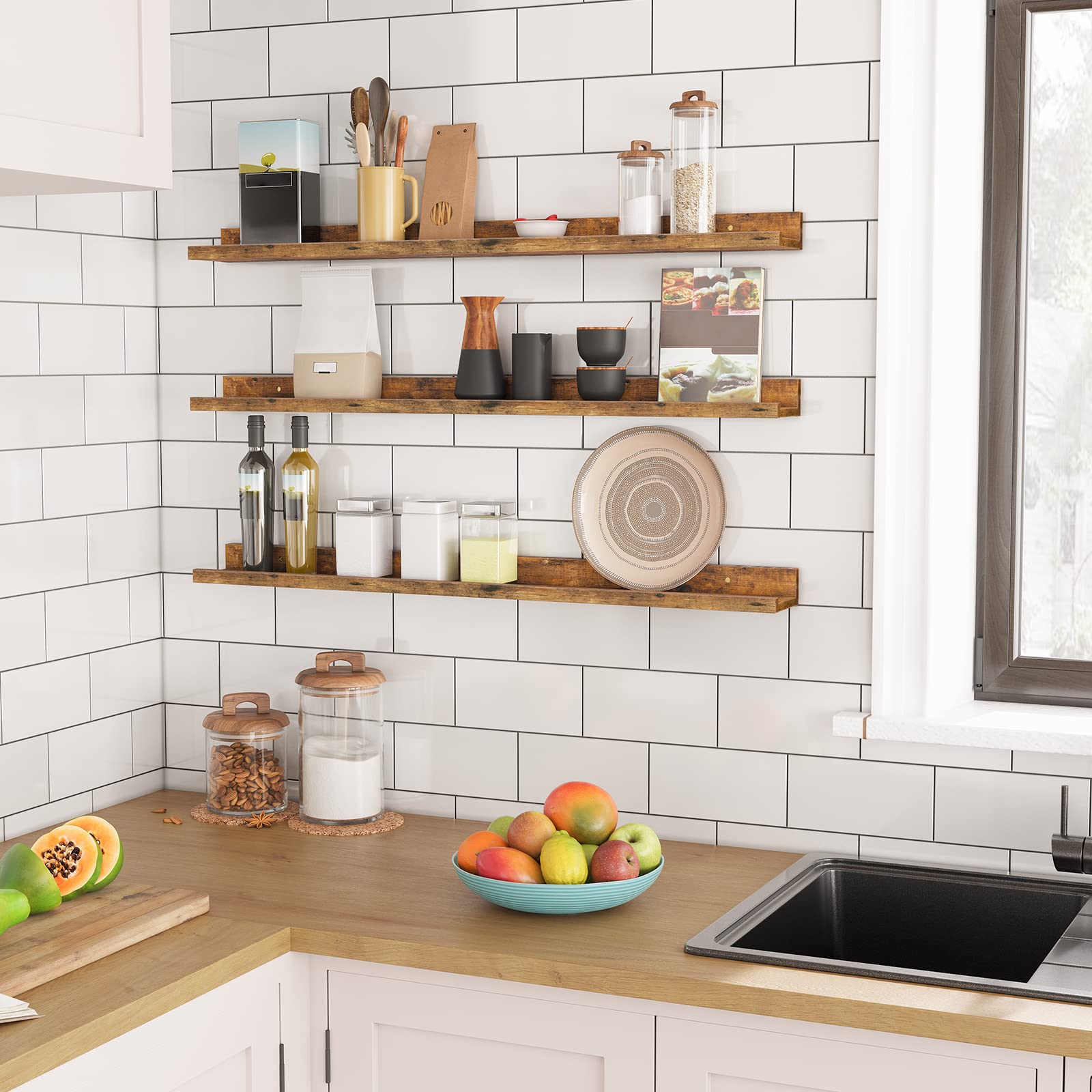 HOOBRO Floating Shelves Set of 3 - 35.4 Inch Wall Mounted Shelves with Raised Edge & Hidden Brackets - Rustic Brown Wooden Shelves for Bathroom, Bedroom, Kitchen, Office & Living Room Decor - Perfect for Displaying Books, Plants, Photos and Home Decor Items