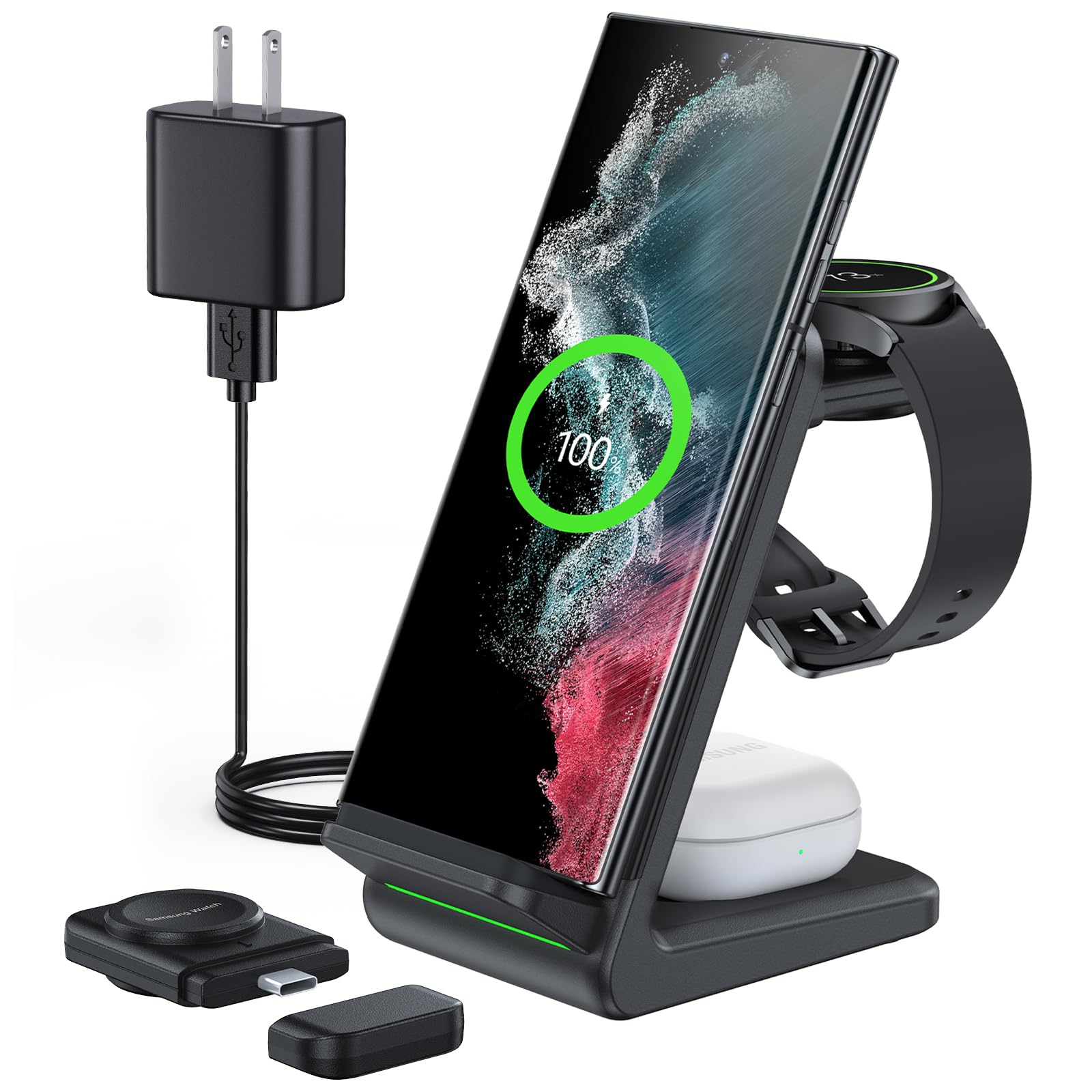 LK 3-in-1 Wireless Charging Station for Samsung - Fast Qi Charger Compatible with Galaxy S23 Ultra/S22/S21/S20, Note20, Z Flip 4/3, Z Fold, Galaxy Watch 5/5 Pro/4/3 & Galaxy Buds | Perfect for Home, Office & Travel Charging