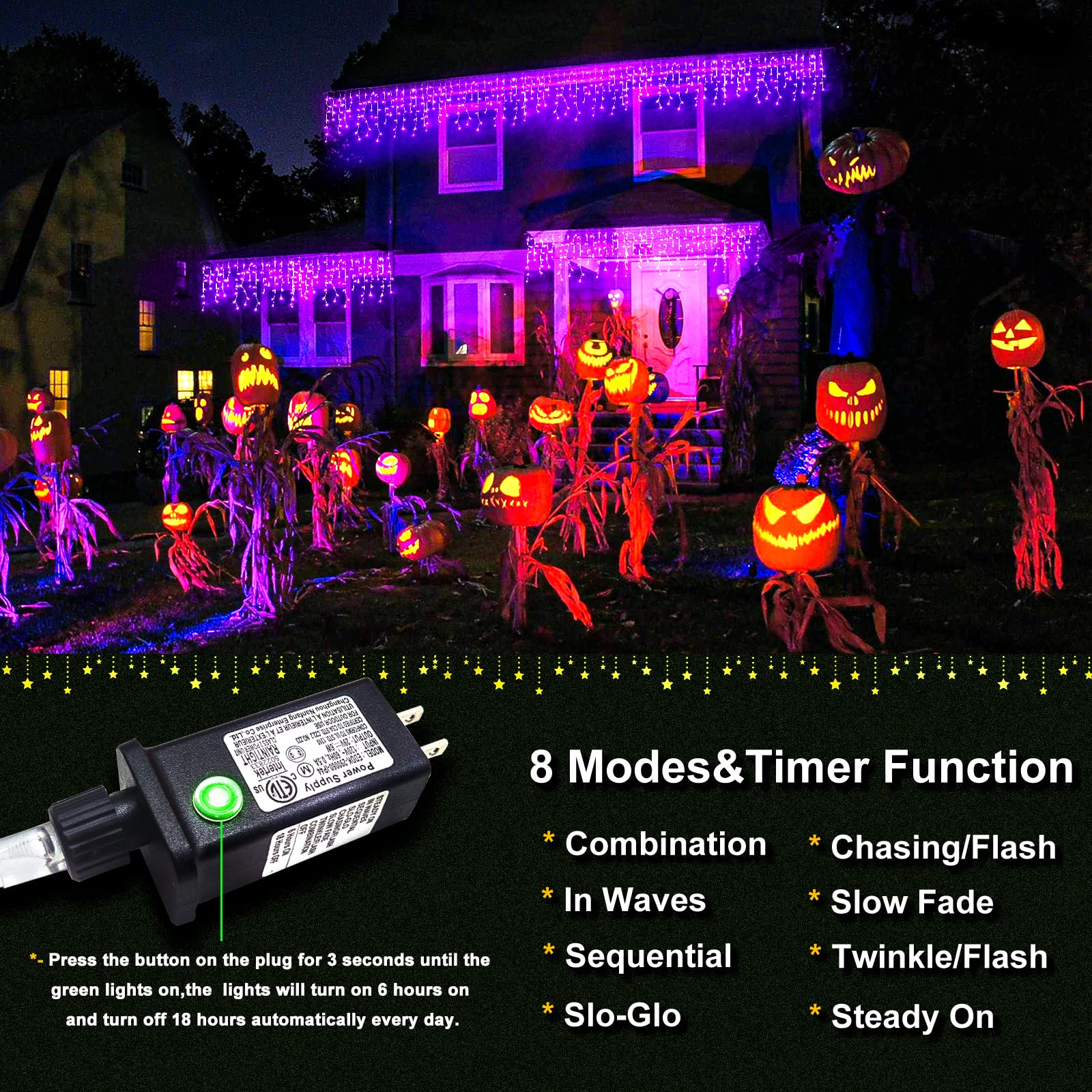 400 LED Purple Icicle Christmas Lights Outdoor, 33ft Waterproof Holiday Lights with 8 Modes & 75 Drops - Perfect for Indoor/Outdoor Christmas, Halloween, Party Decorations & Home Holiday Lighting