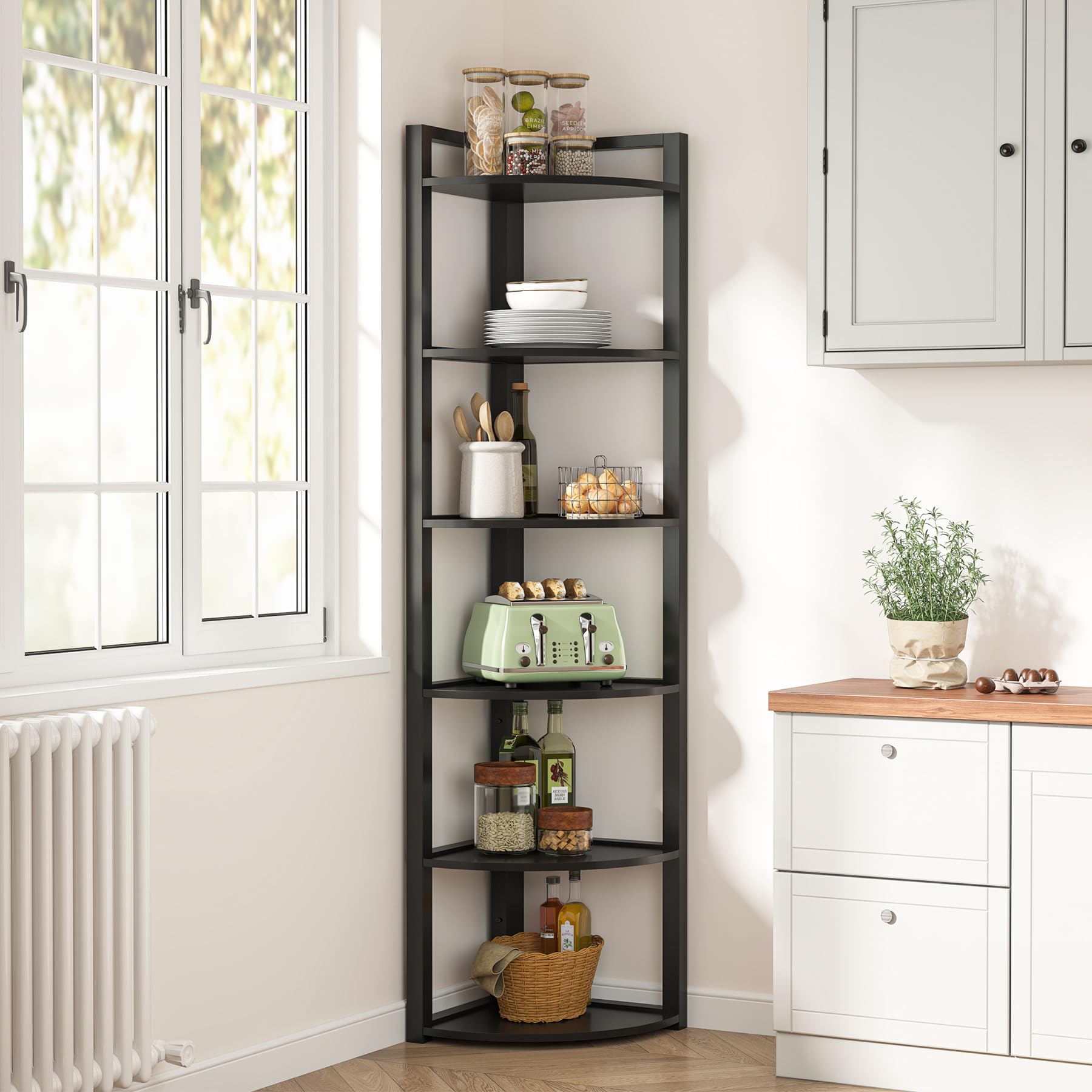 TRIBESIGNS WAY TO ORIGIN 70.9 Inch Tall 6-Tier Corner Bookshelf - Modern Ladder Shelf with Sturdy Metal Frame - Multifunctional Storage Solution for Living Room, Home Office, Kitchen - Perfect for Small Spaces & Home Organization (Black)