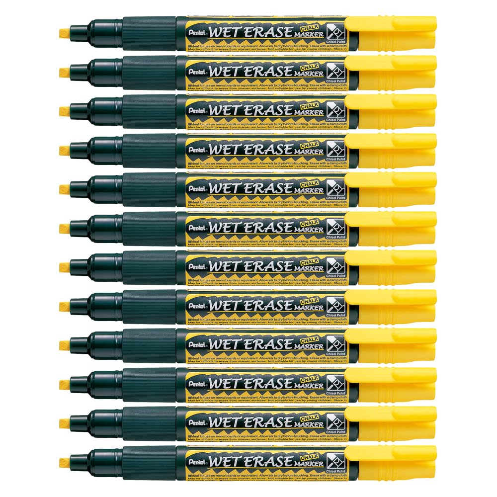 Pentel Wet Erase Chalk Markers - 12 Pack Yellow Medium Tip Markers for Whiteboards, Glass, Windows & Signs - Non-Toxic, Vibrant Colors for Teachers, Restaurants & Retail