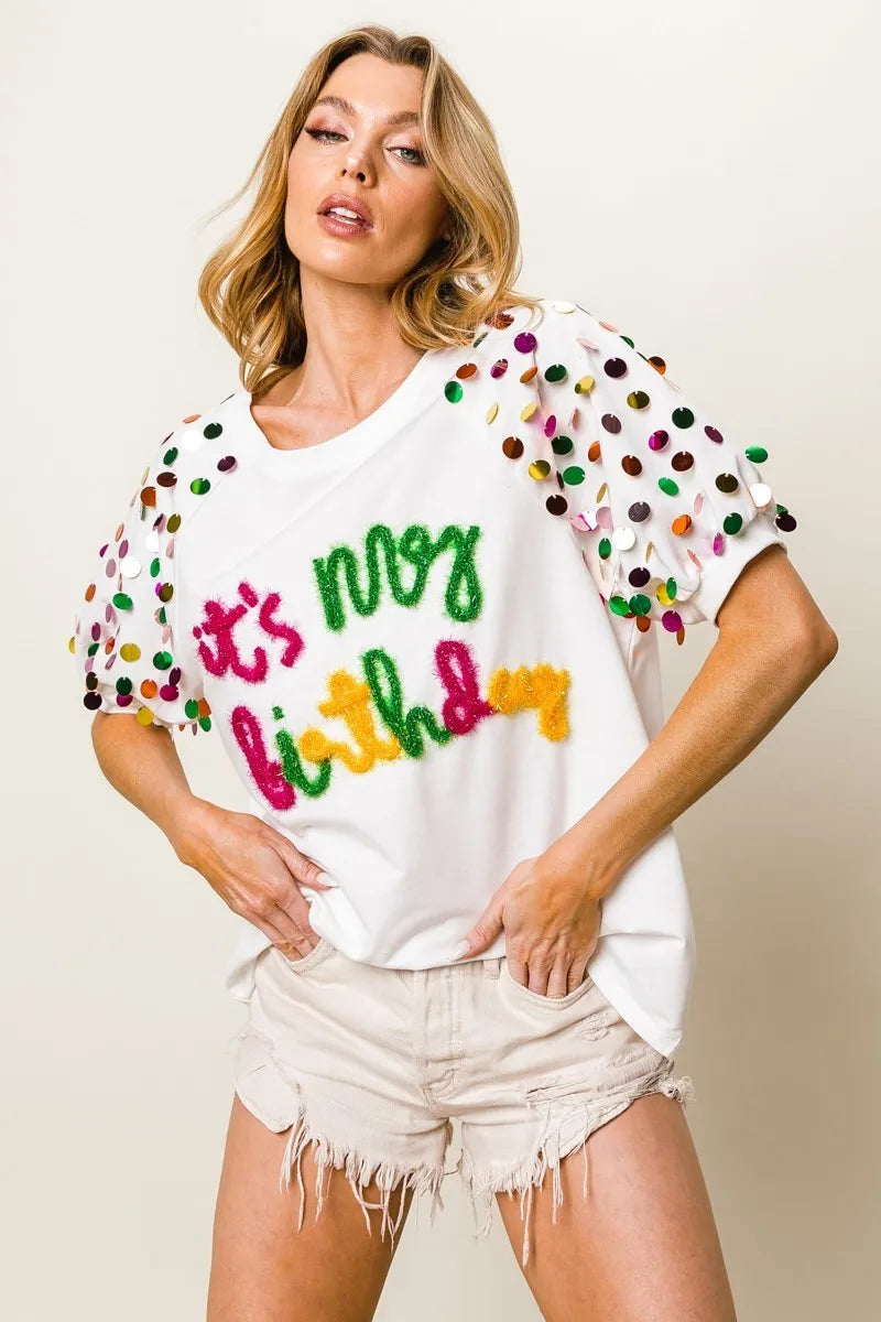 BiBi Metallic Letter Spangle Raglan Puff Sleeve Top | Trendy Women's Graphic Tee for Casual Wear, Party & Date Night Outfits