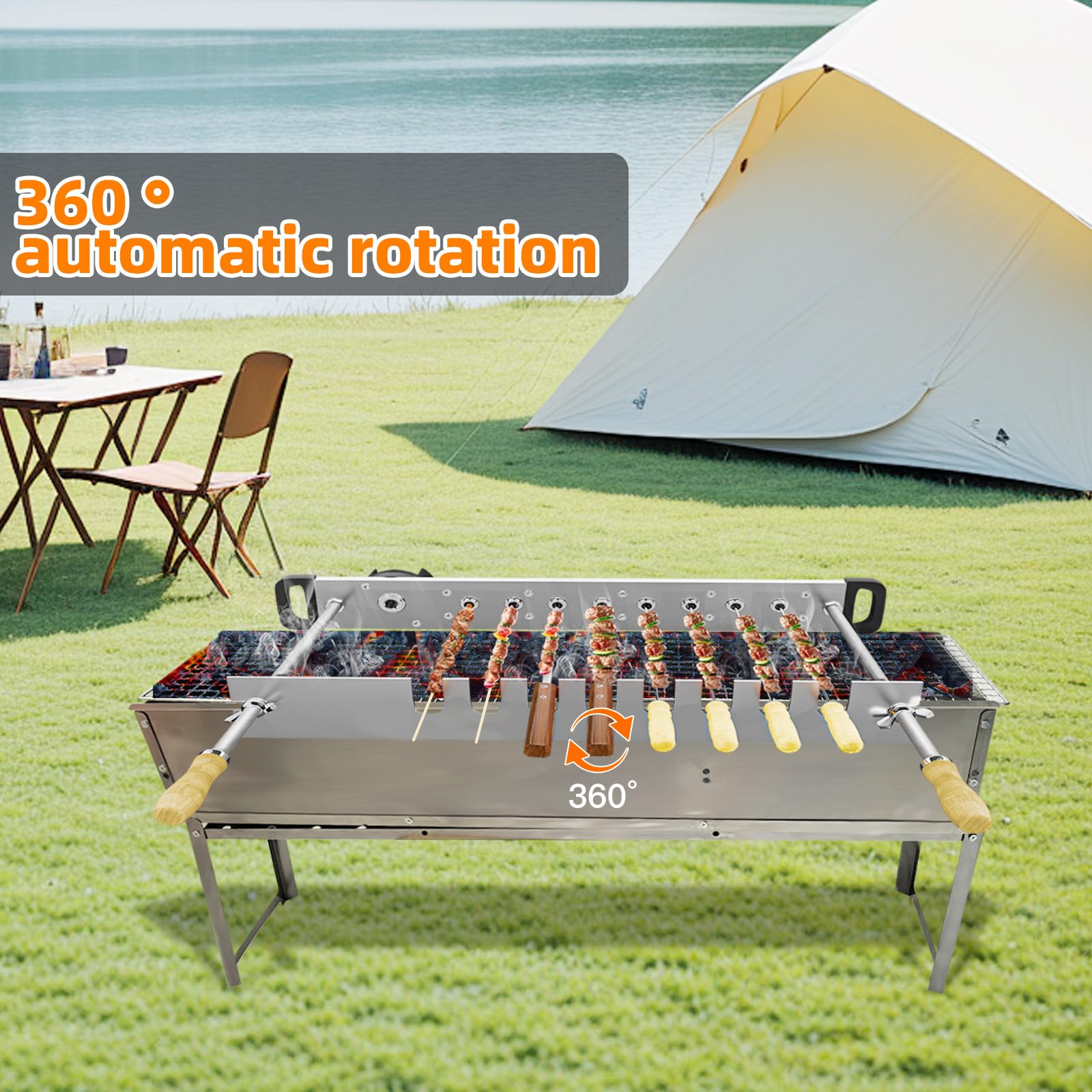 Stainless Steel Electric BBQ Grill - Automatic Rotating & Adjustable Width Outdoor Grill for Backyard, Camping, and Tailgating Parties (G500)