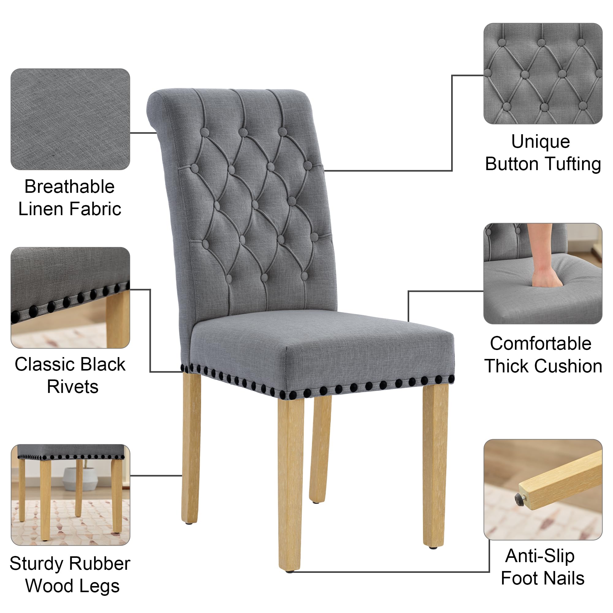 Modern Linen Fabric Dining Chairs Set of 2 - Parson Style with Nailhead Trim & Button Tufting - Solid Wood Legs Dark Grey - Perfect for Dining Room, Kitchen, Living Room & Home Office Seating
