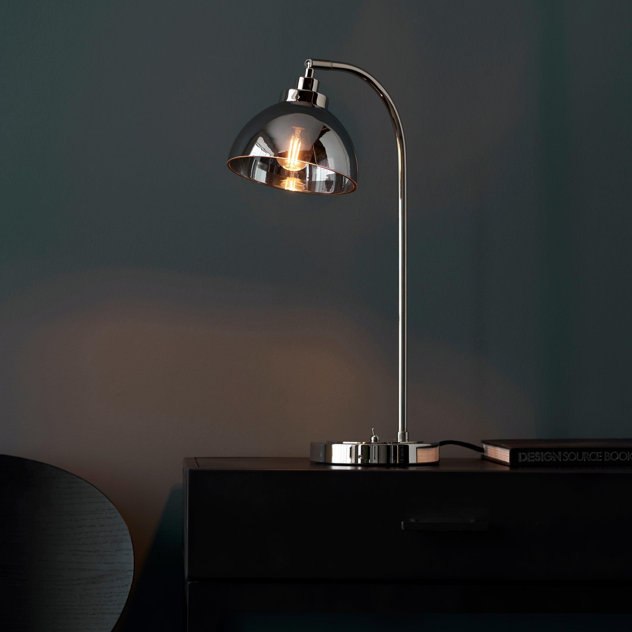Caspa Nickel & Smoked Mirror Glass Shade Task Table Lamp - Modern Desk Lighting for Home Office, Study Room & Bedside Reading