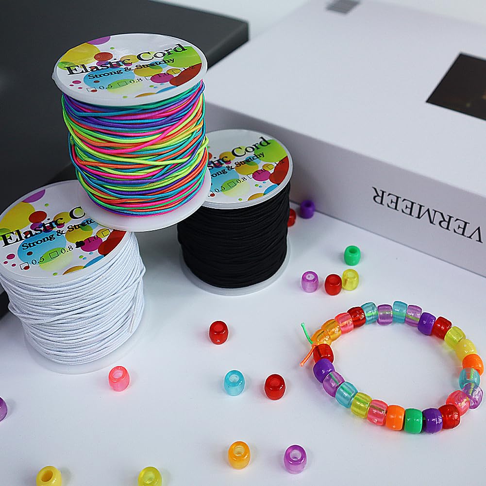 **1mm Elastic Cord for Bracelet Making - Stretchy Beading String for Pony Beads & Jewelry DIY - 3 Rolls (Black, Rainbow, White) - Perfect for Crafting, Friendship Bracelets & Kids' Bead Projects**