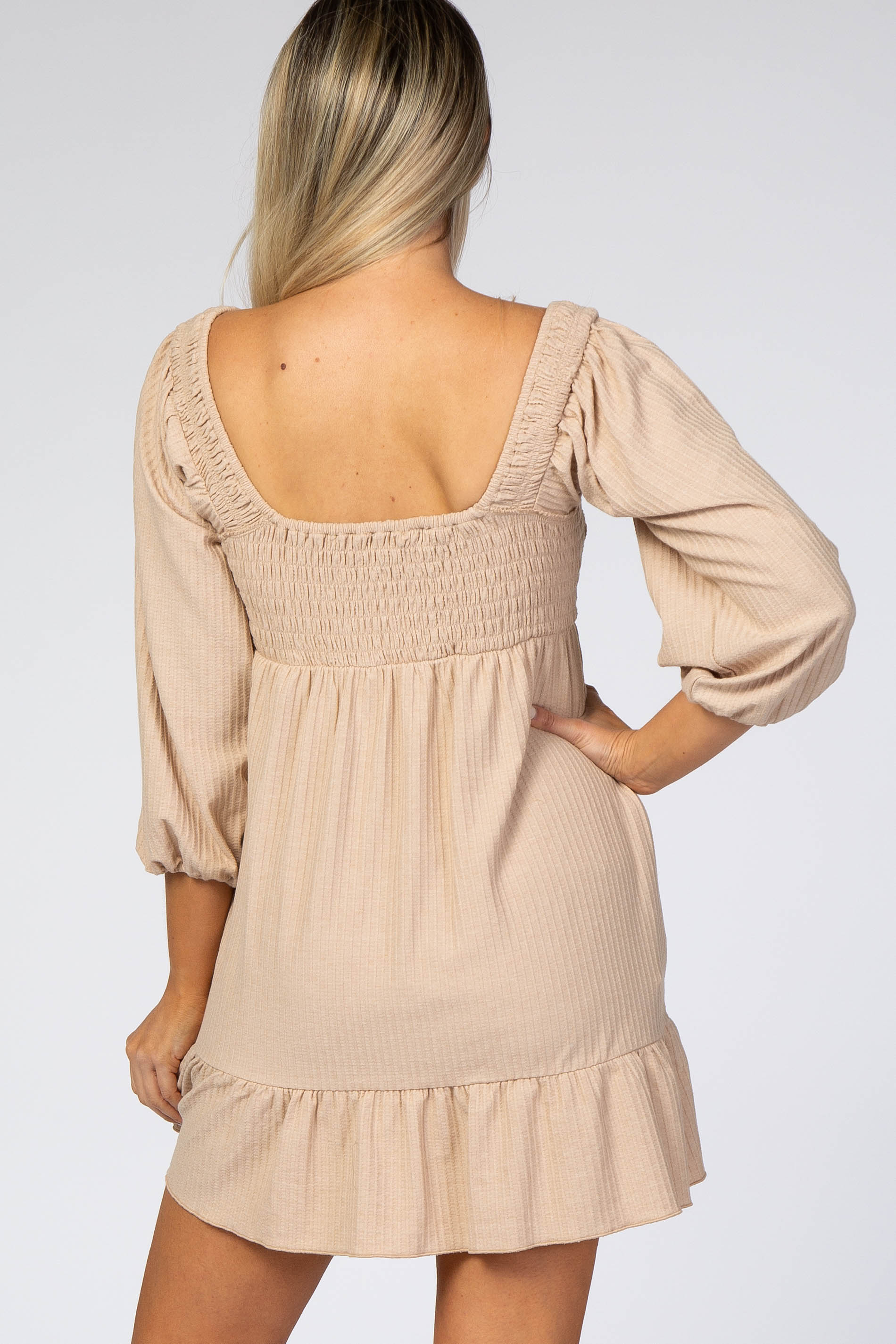 Beige Textured Stripe Sweetheart Neck Maternity Dress - Flattering Pregnancy Gown for Baby Shower, Photoshoot & Special Occasions
