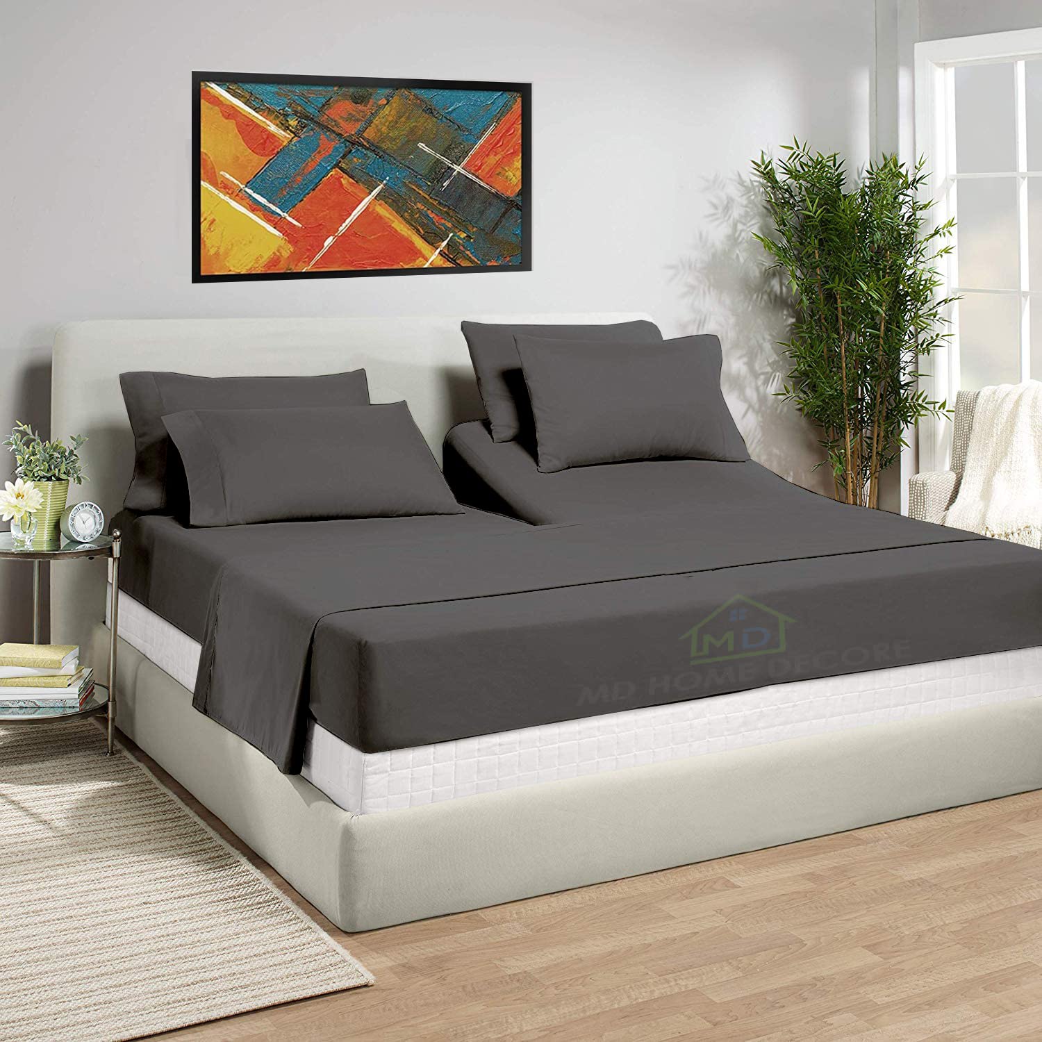 Premium 100% Egyptian Cotton Split King Sheets Set for Adjustable Beds - 4PC Flex Head Design Fits Sleep Number Beds - Dark Grey Solid (Split Down 28