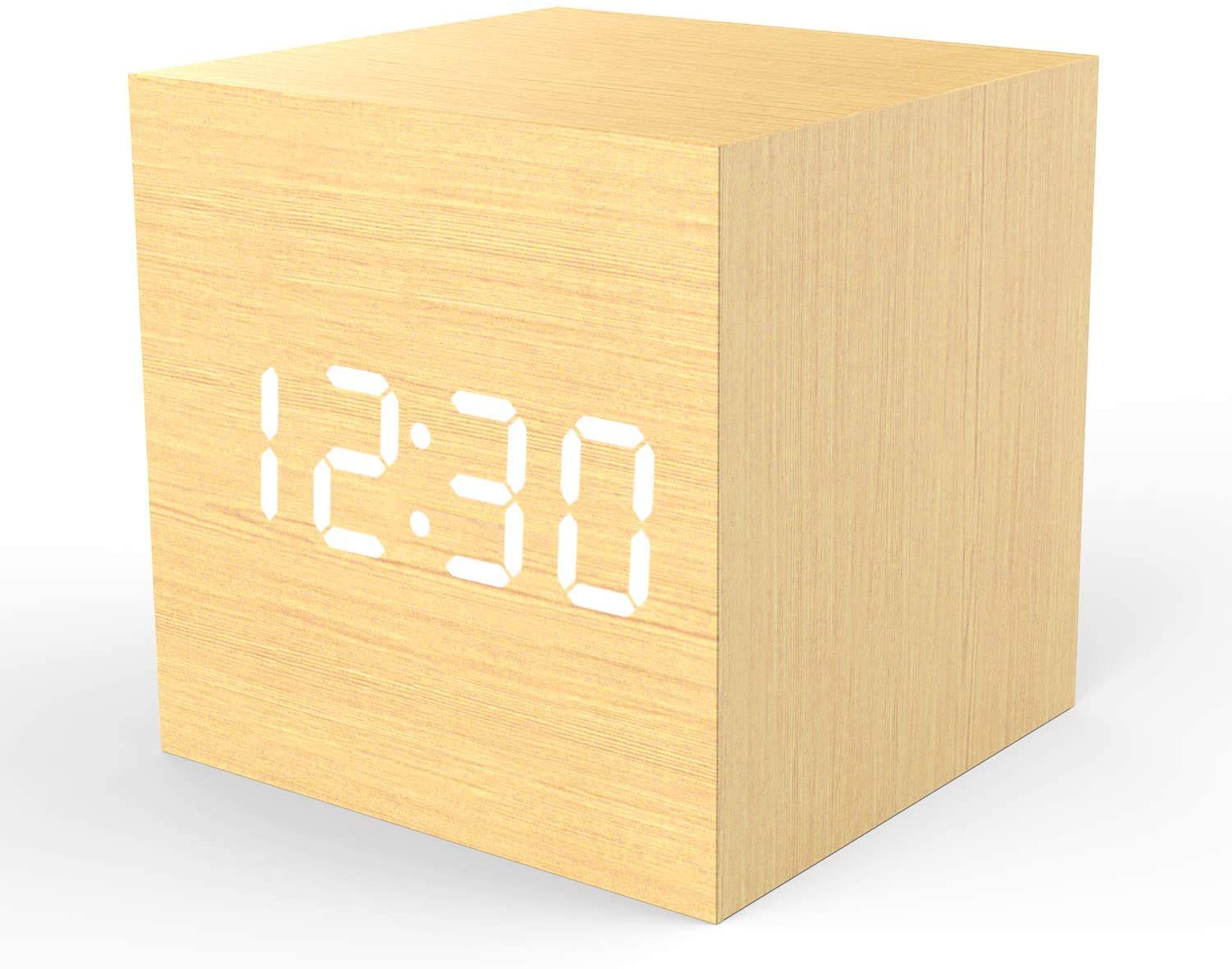 KORADA Digital Alarm Clock with LED Display - Wooden Modern Cube Desk Clock Shows Time, Date & Temperature - Perfect for Kids, Bedroom, Home, Dorm, Travel & Office Use (Black)