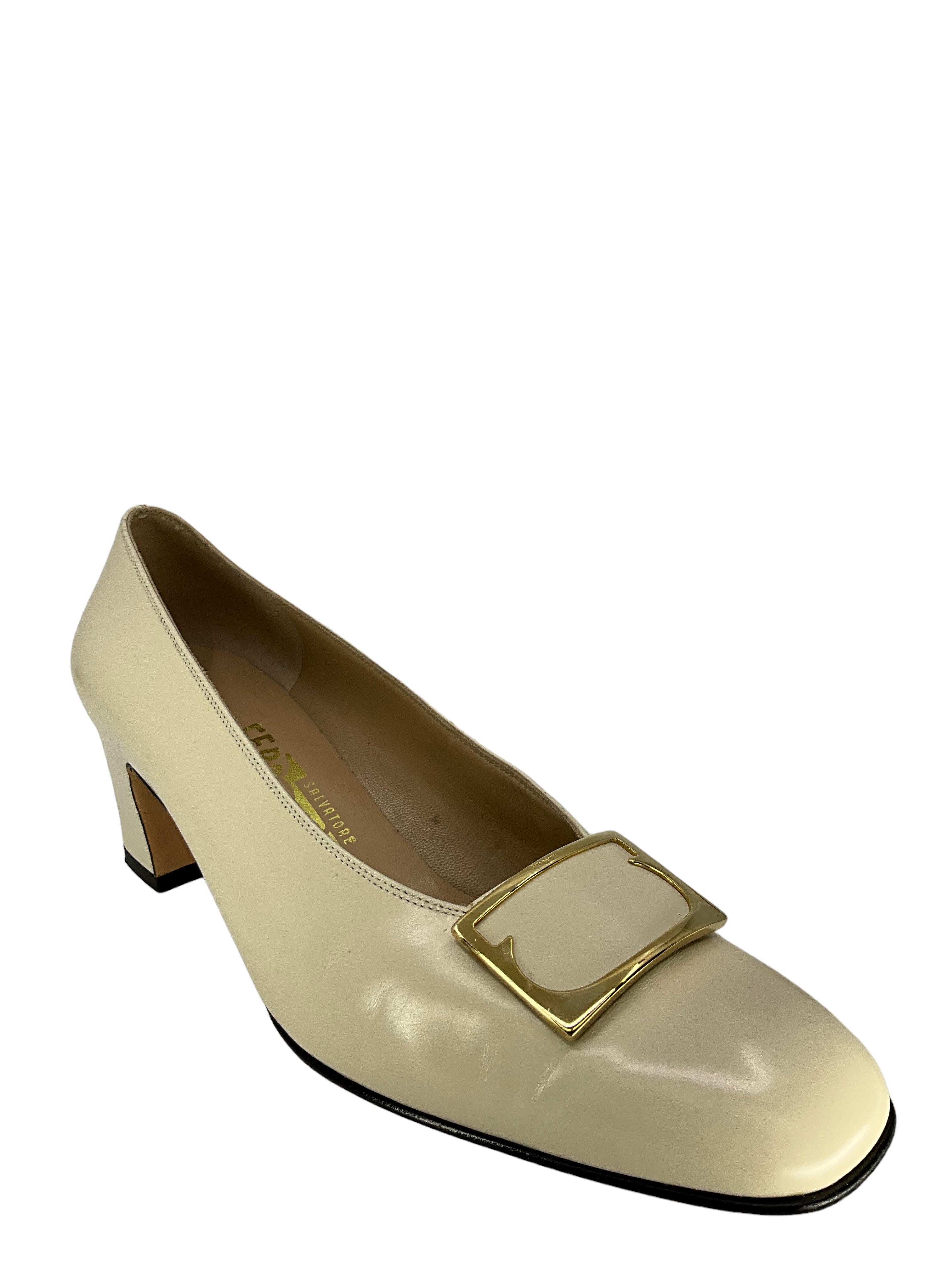 Salvatore Ferragamo Ivory & Gold Heels Women's Size 8.5 - Luxury Designer Pumps for Weddings, Parties & Formal Events