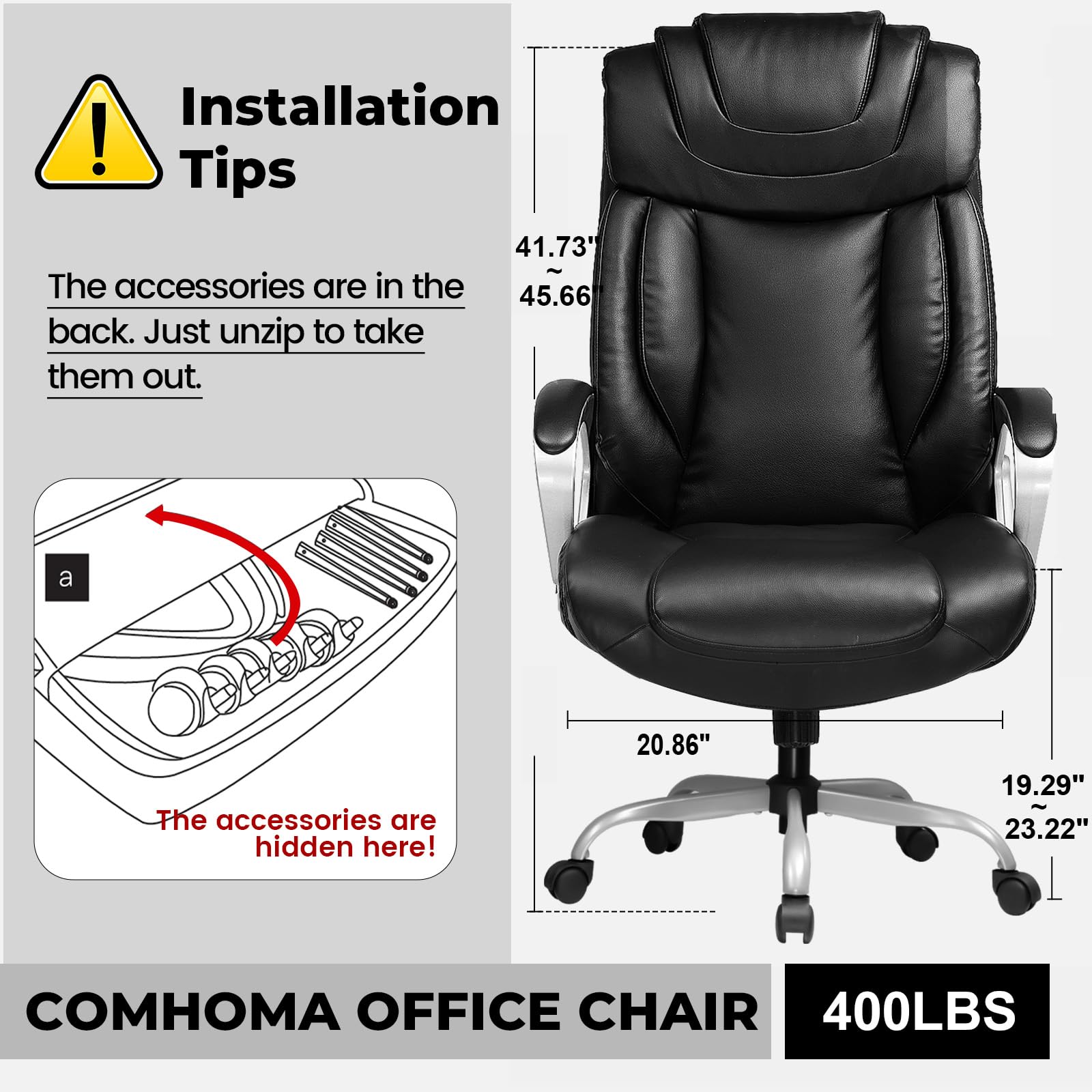 COMHOMA Ergonomic Office Chair - Adjustable Swivel Desk Chair with PU Leather, Headrest & Lumbar Support - Rolling Recliner for Home Office, Gaming & Workstation Use