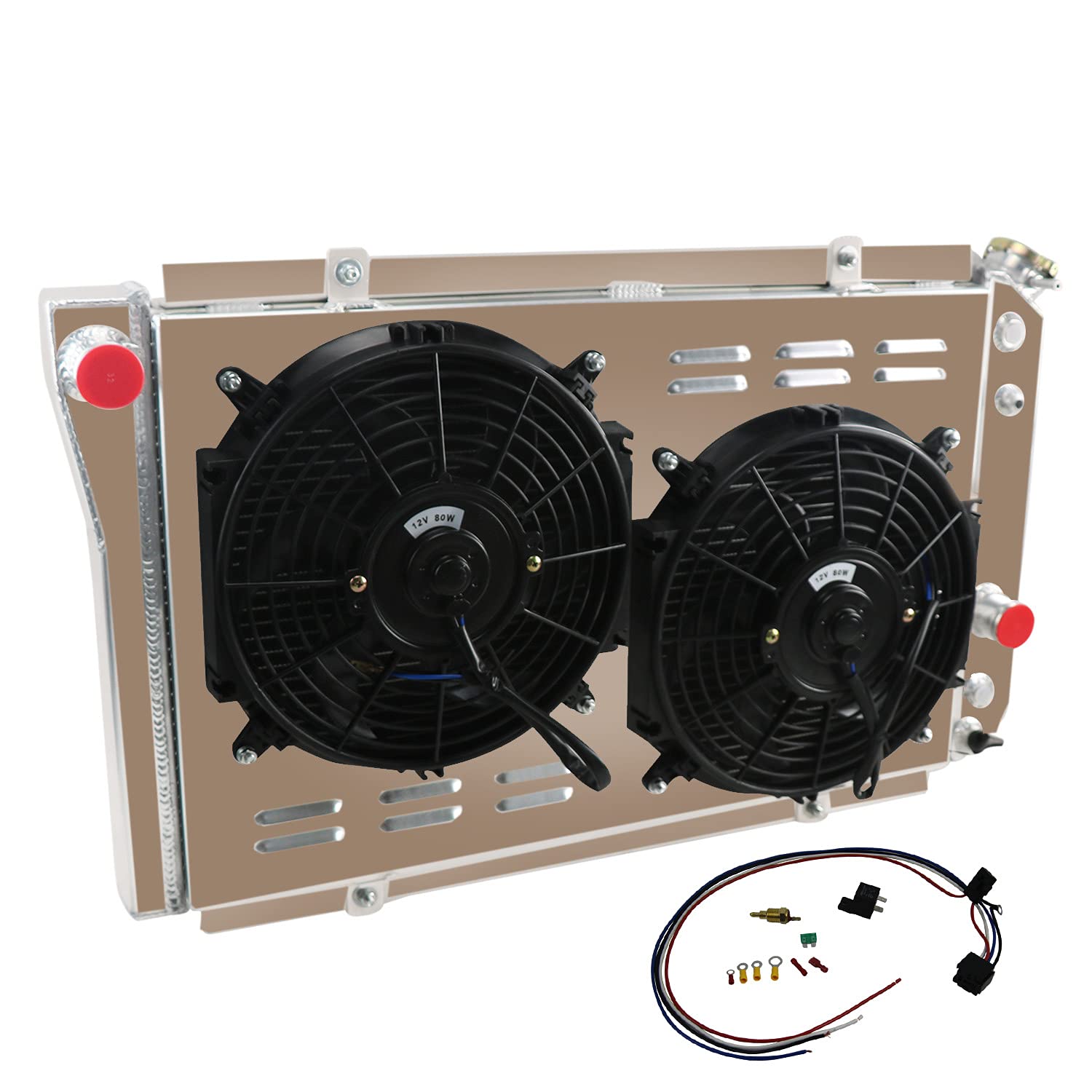ECMRAD 4 Row Aluminum Radiator for 1982-2002 Chevrolet S10/S-10 Blazer V8 Conversion & 1984-1990 Chevy Corvette 5.7L V8 - Includes Shroud Fans Relay Kit - High Performance Cooling Upgrade for Off-Road, Racing & Daily Driving