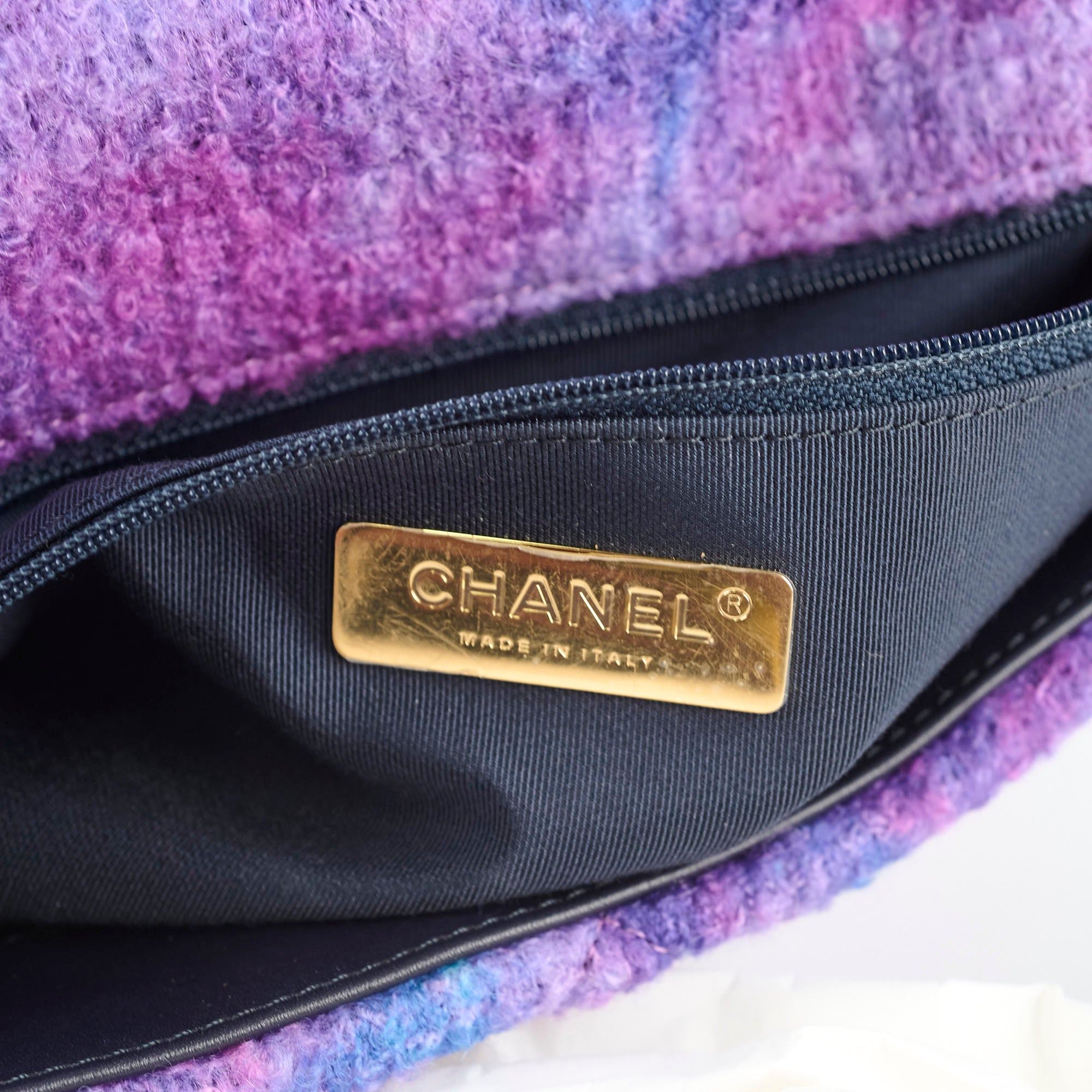 Chanel 19 Large Tweed Ombre Black/Purple Shoulder Bag - Luxury Designer Handbag for Women | Perfect for Evening Events, Parties & Special Occasions