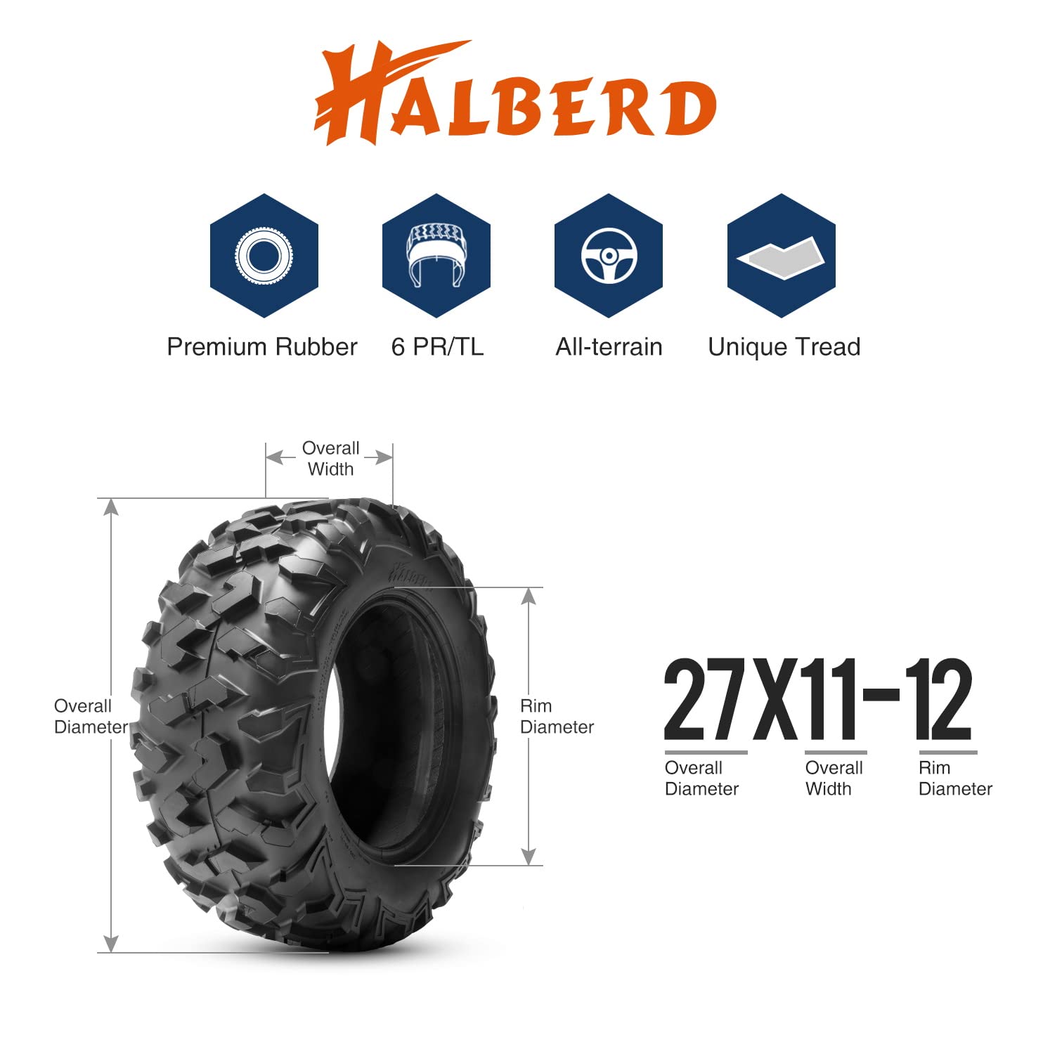 HALBERD 6-Ply ATV Tires 27x11-12 - 6PR All-Terrain Off-Road Tires for ATV/UTV - 20mm Deep Tread for Trail, Sand & Mud (Pack of 1, Tubeless) - Perfect for Off-Roading, Hunting & Farm Work