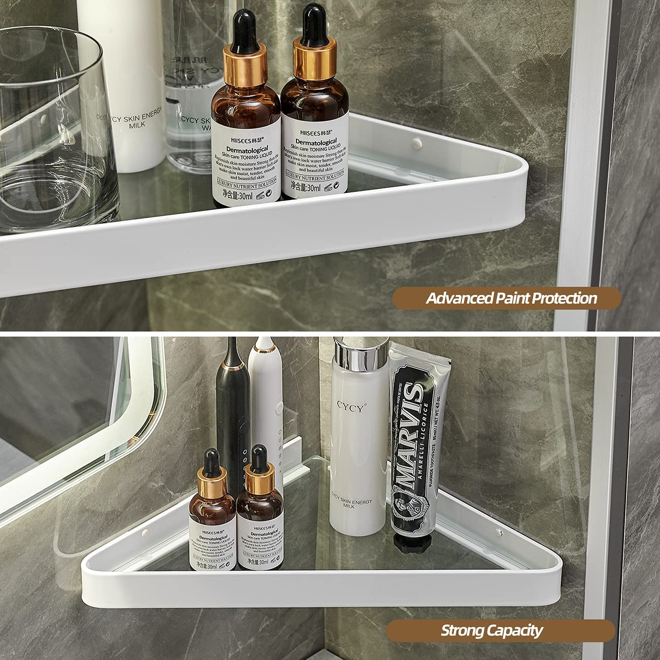 VOLPONE 2-Tier Wall Mounted Bathroom Shelves - Tempered Glass Corner Floating Shelf for Bathroom Storage & Organization (White) - Perfect for Shower Caddies, Soap Dispensers & Towel Storage