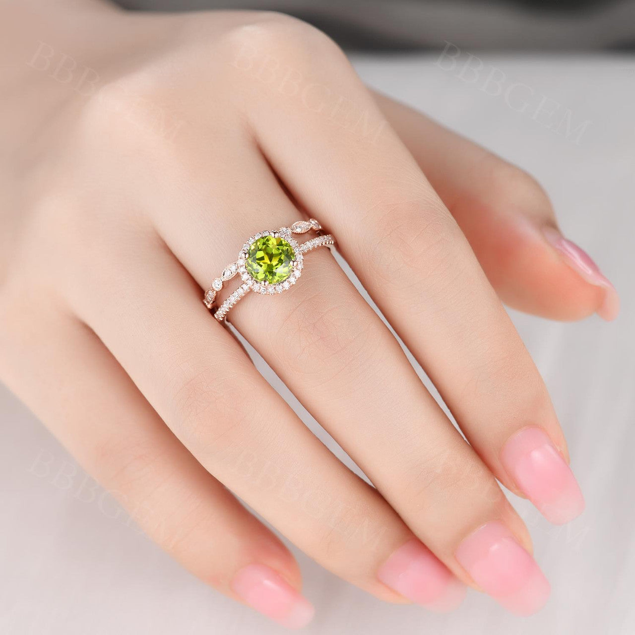 7mm Round Cut Peridot Engagement Ring Set with Diamond Wedding Band in 14K Yellow Gold - Perfect for Bridal Jewelry, Anniversary Gifts & Special Occasions
