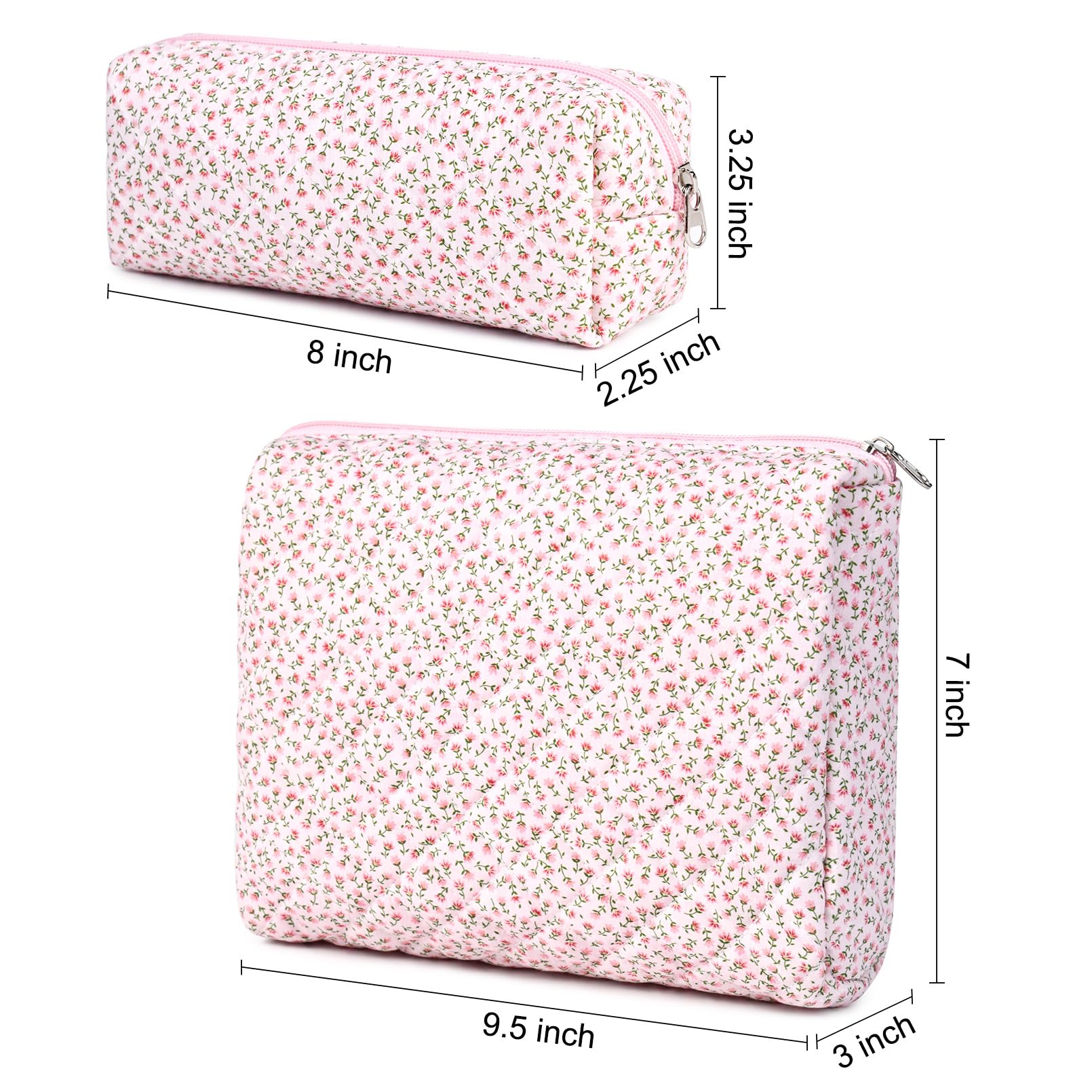 SOIDRAM 2 Pack Floral Quilted Makeup Bag - Large Cotton Cosmetic Pouch for Women & Girls, Aesthetic Cute Toiletry Travel Organizer | Perfect for Glossier Storage, Vacation Essentials & Gift Giving