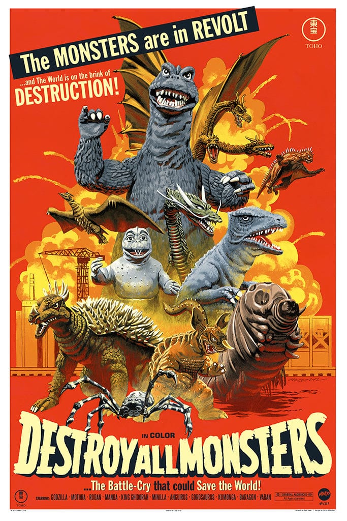 Destroy All Monsters Movie Poster - Classic Kaiju Film Wall Art for Godzilla Fans - Perfect for Home Theater, Game Room & Office Decor